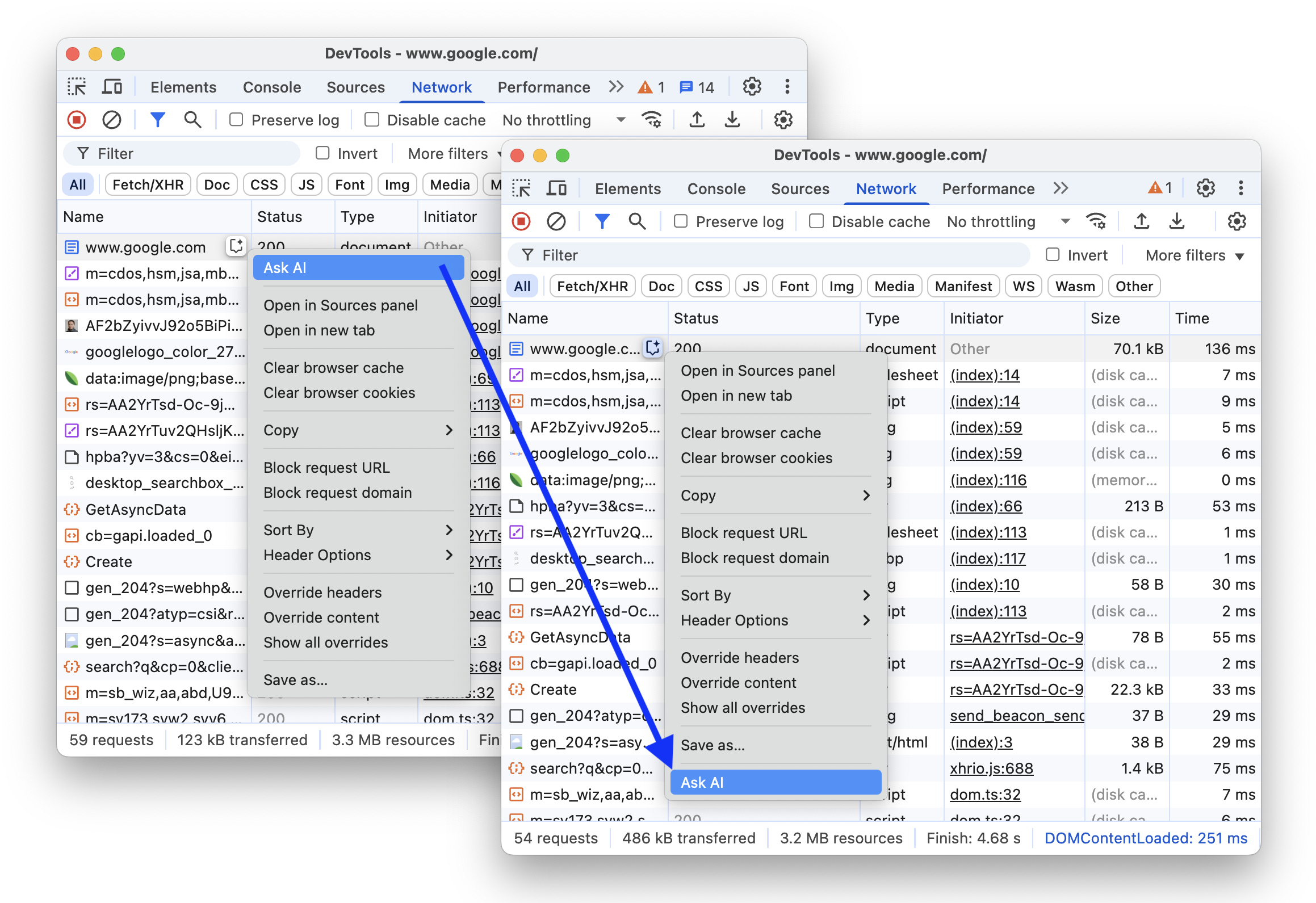 Die Option „KI fragen“ vor und nach dem Verschieben an das Ende des Drop-down-Menüs.