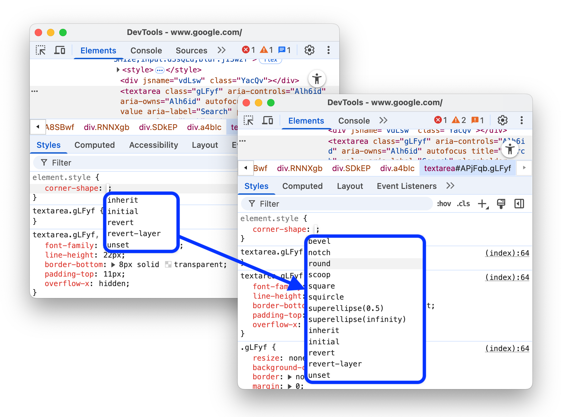De autocomplete-opties voor de eigenschap 'corner-shape'.
