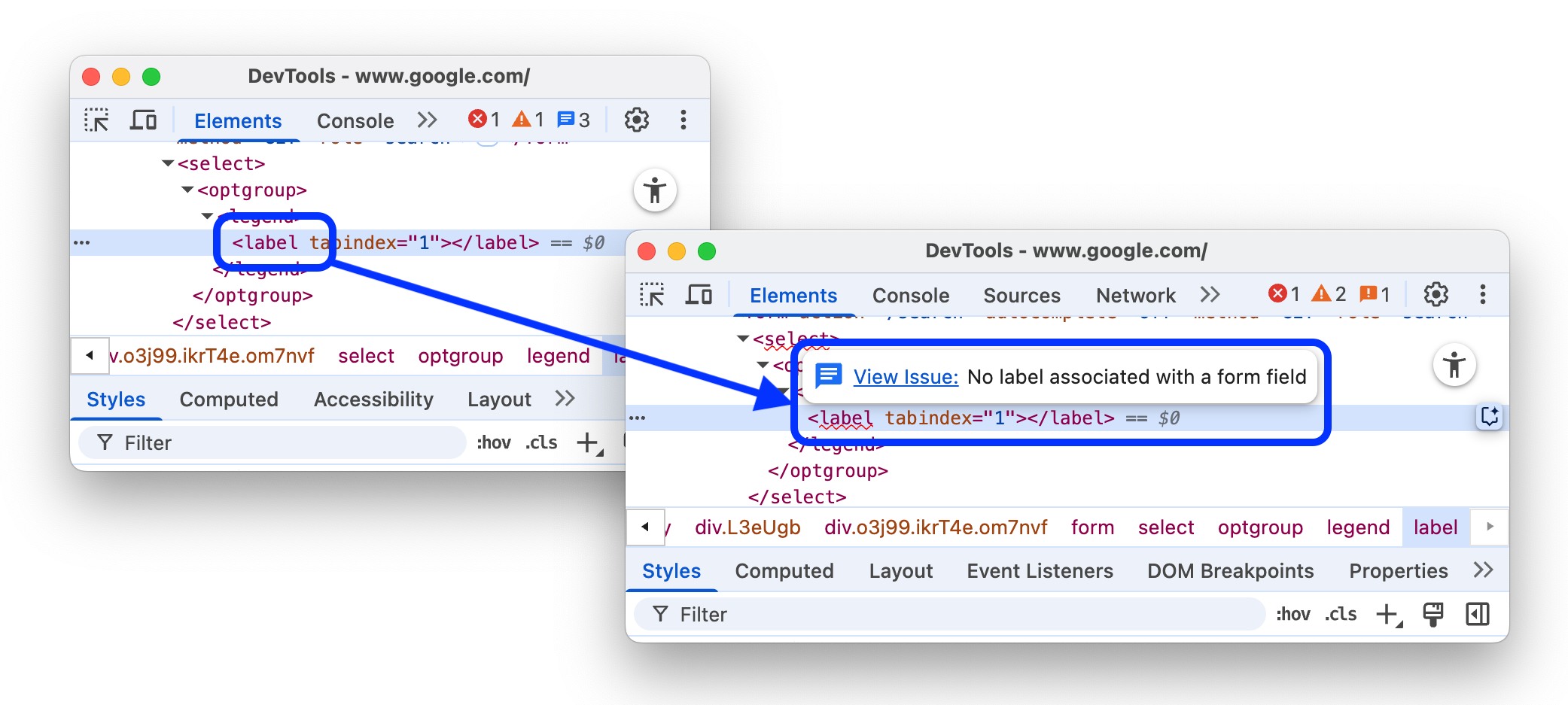 DOM ツリーで DOM の問題がハイライト表示され、ツールチップと問題パネルへのリンクが表示されている状態。