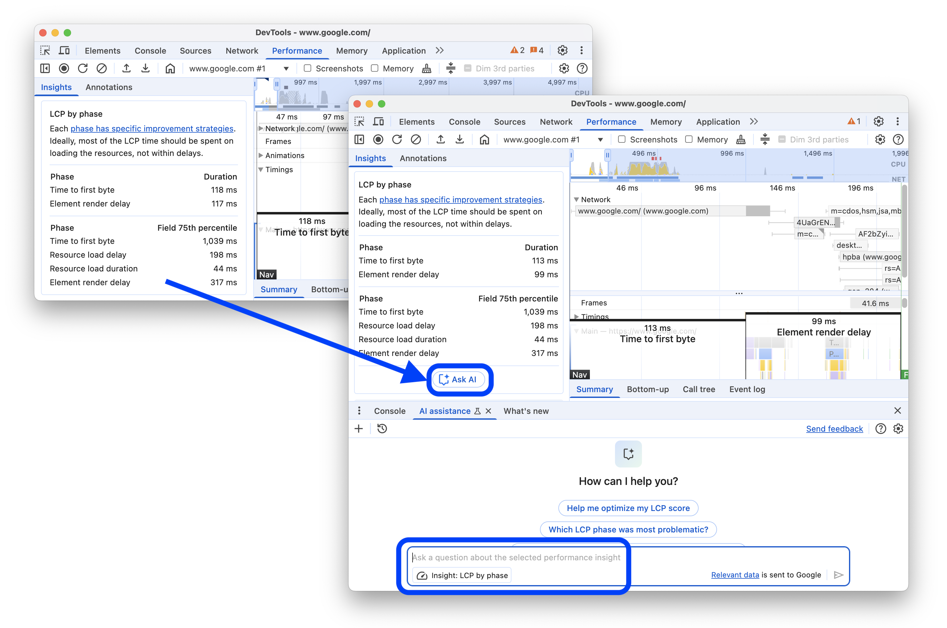 The before and after adding the 'Ask AI' button to an insight in the Performance panel.