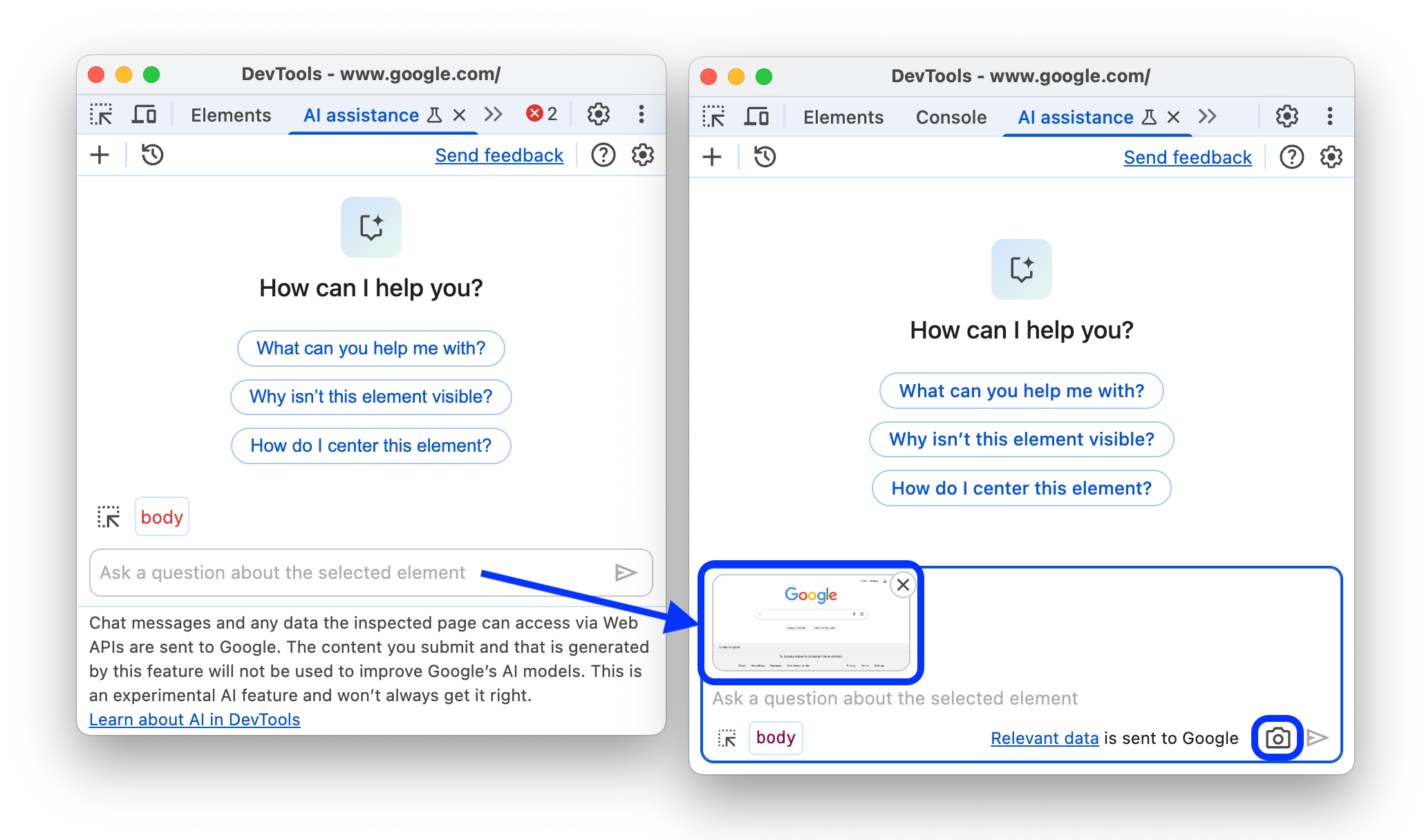 Sebelum dan sesudah menambahkan tombol &#39;Ambil screenshot&#39; ke panel &#39;Bantuan AI&#39;.