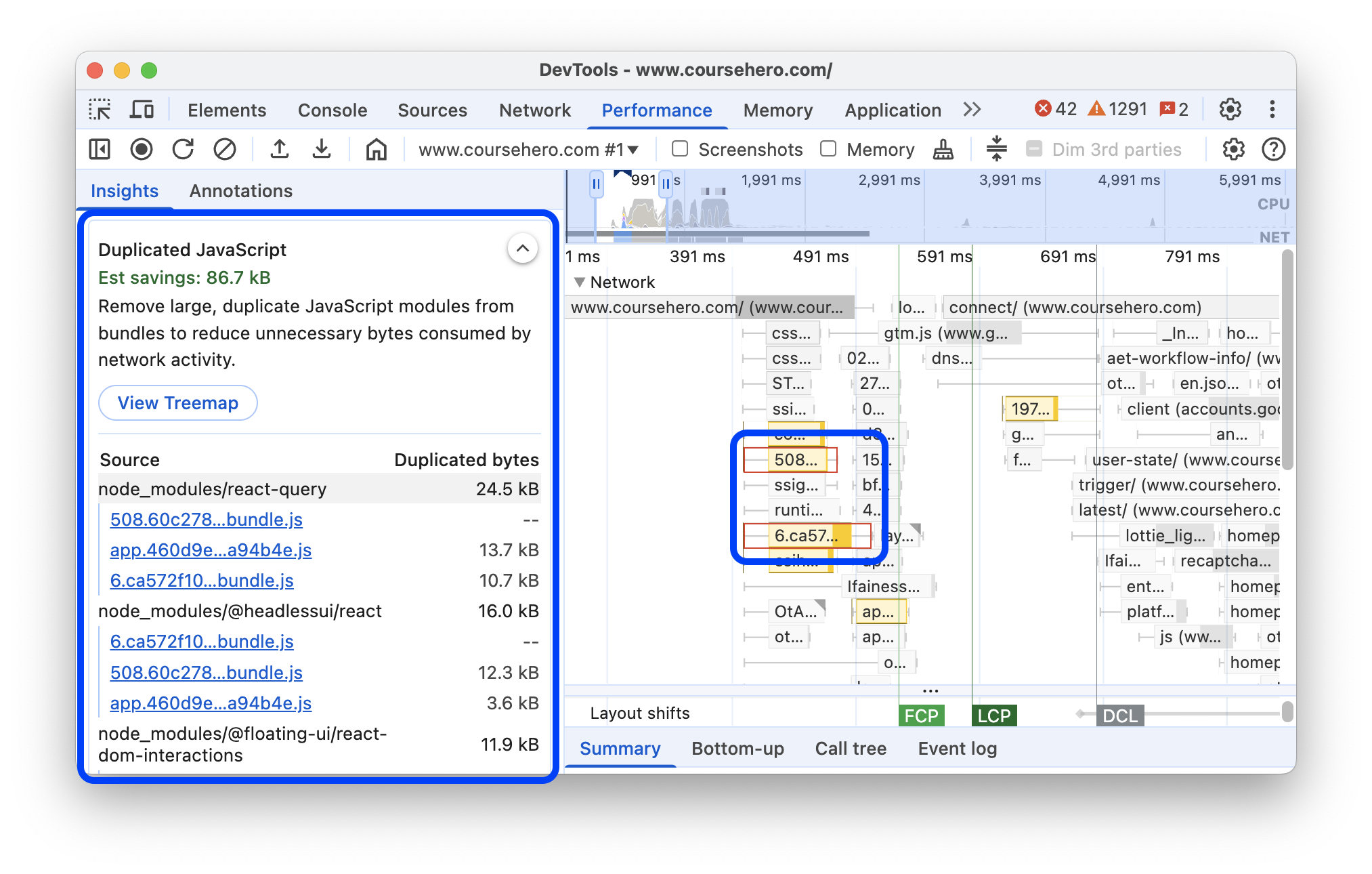L'approfondimento "JavaScript duplicato" nel riquadro Prestazioni.