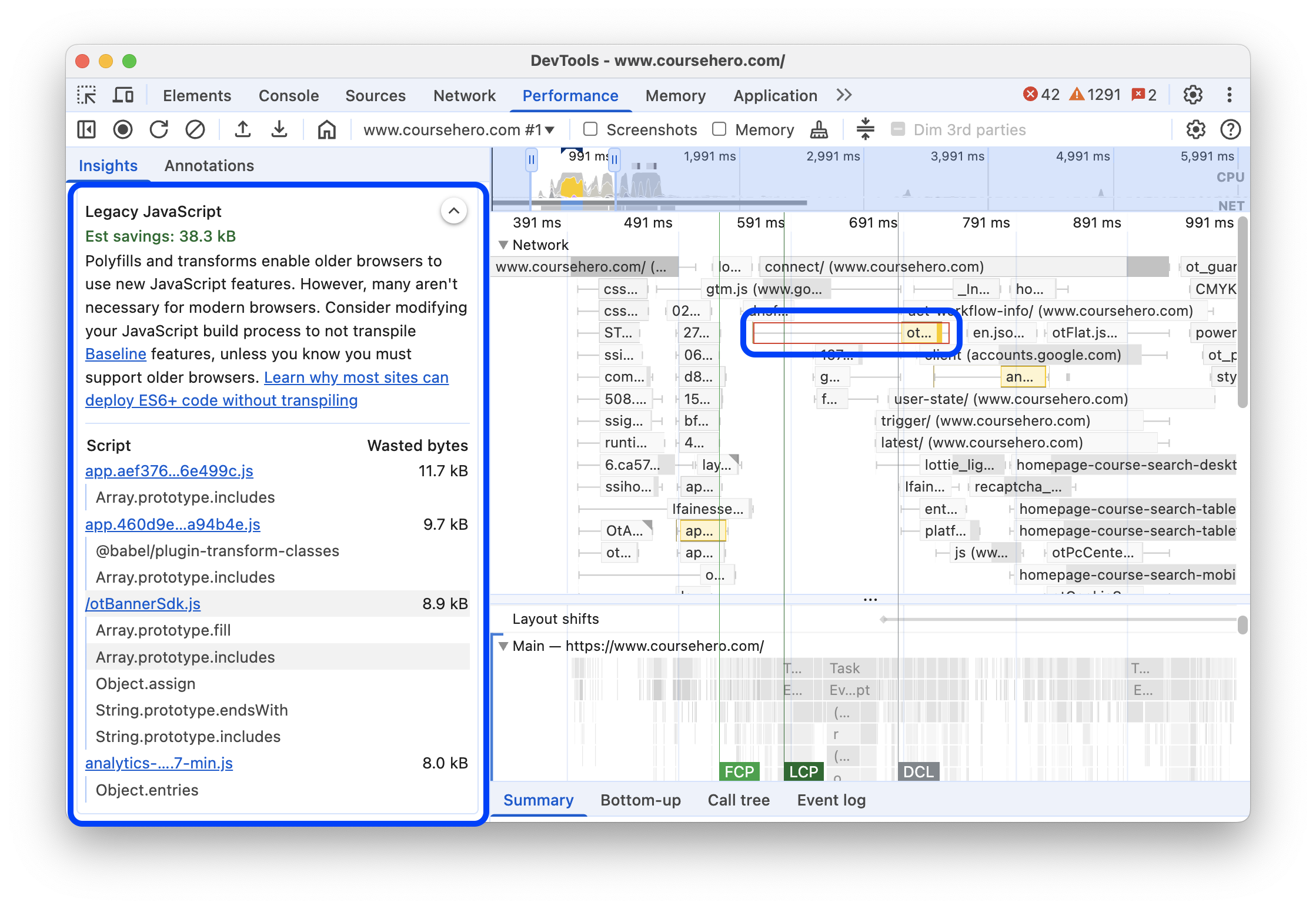 התובנה &#39;JavaScript מדור קודם&#39; בחלונית &#39;ביצועים&#39;.
