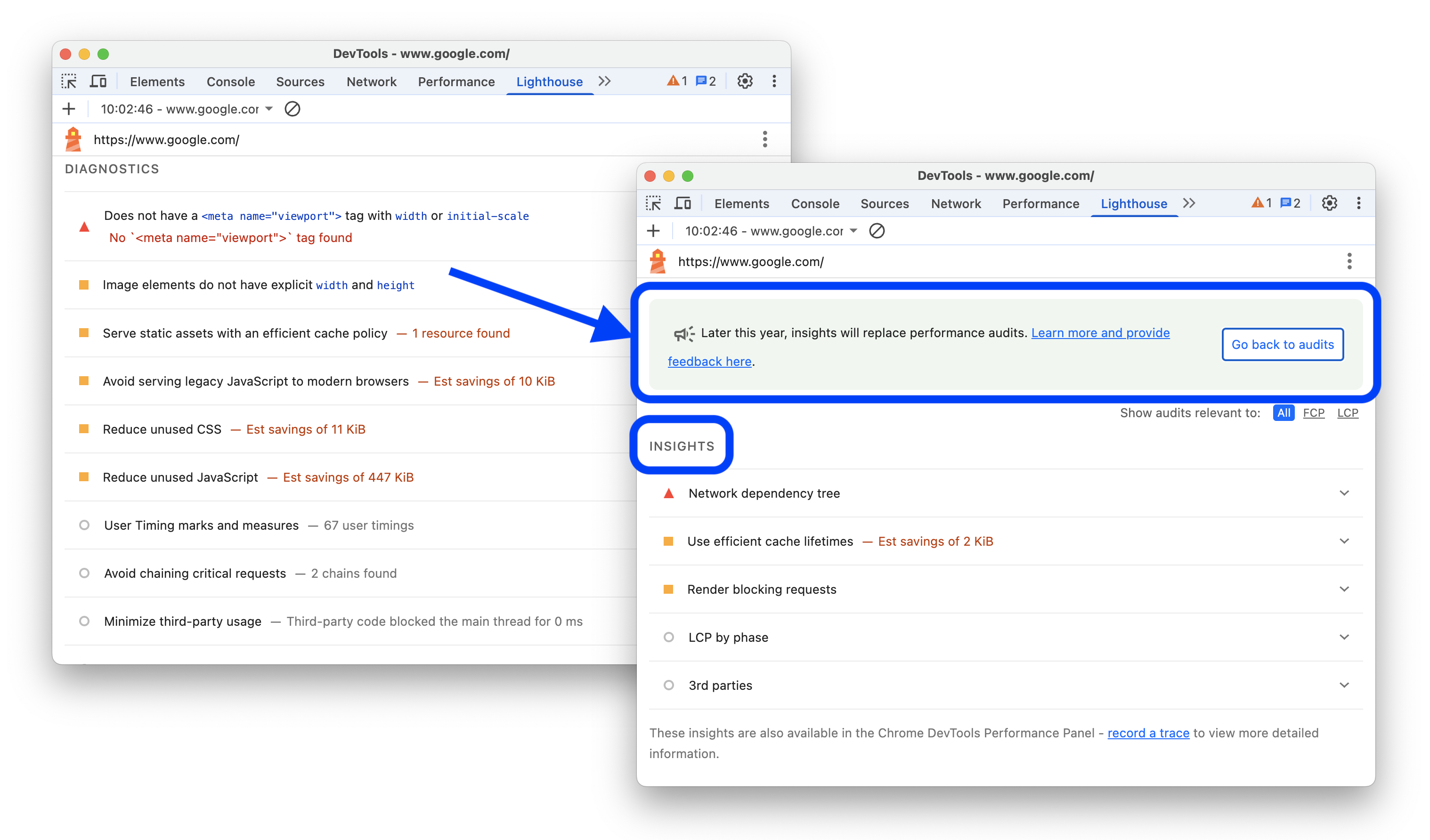 Antes e depois de adicionar a opção de alternar para insights em um relatório do Lighthouse.