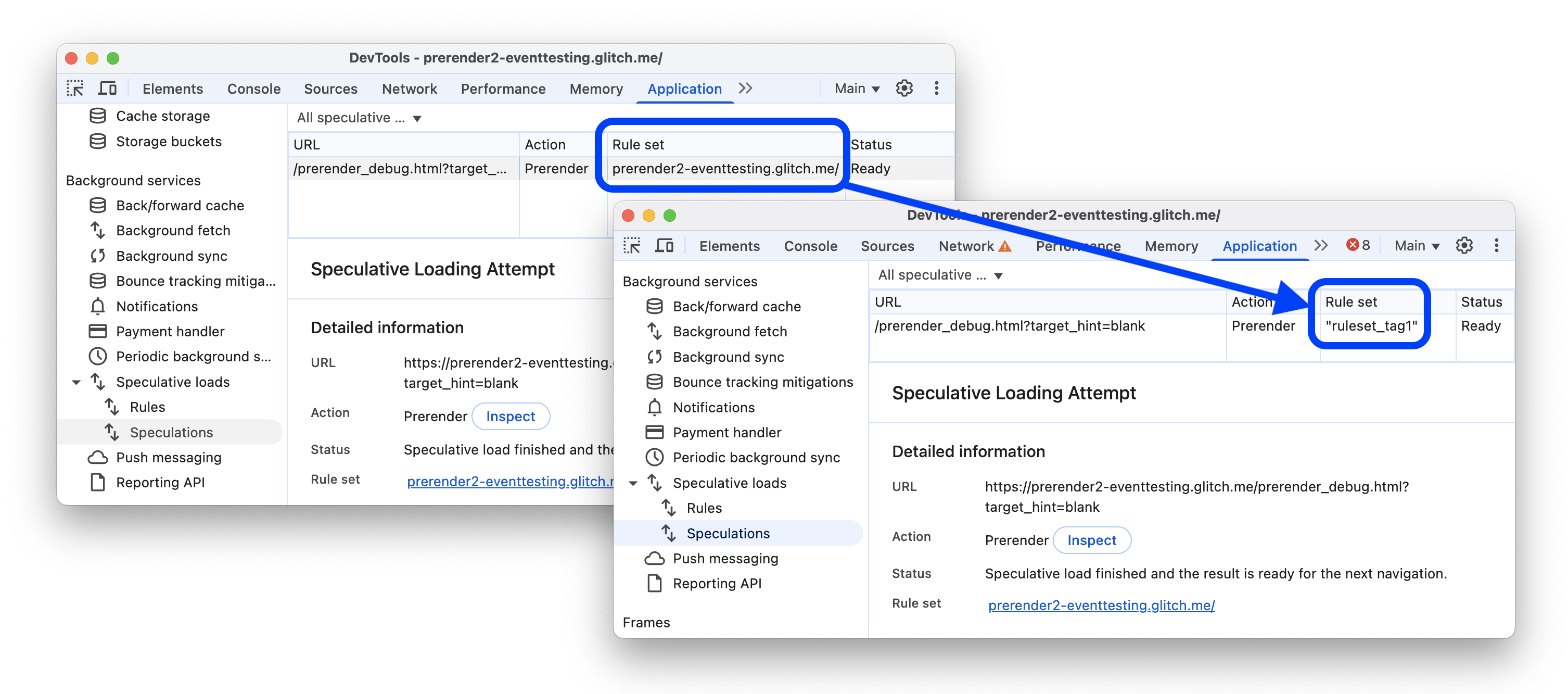 The before and after replacing rule set URL with a tag.