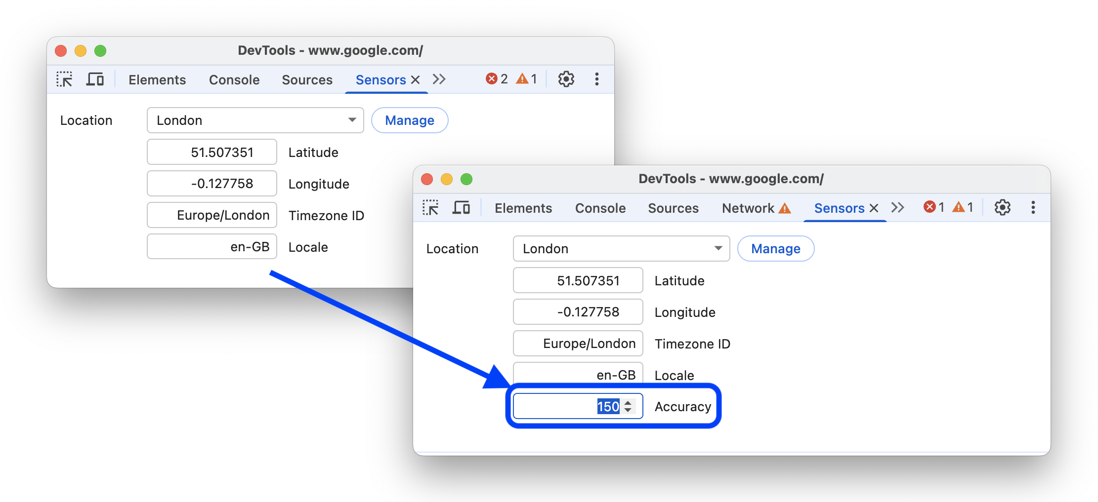 The before and after adding the 'Accuracy' parameter to geolocation emulation in the Sensors panel.
