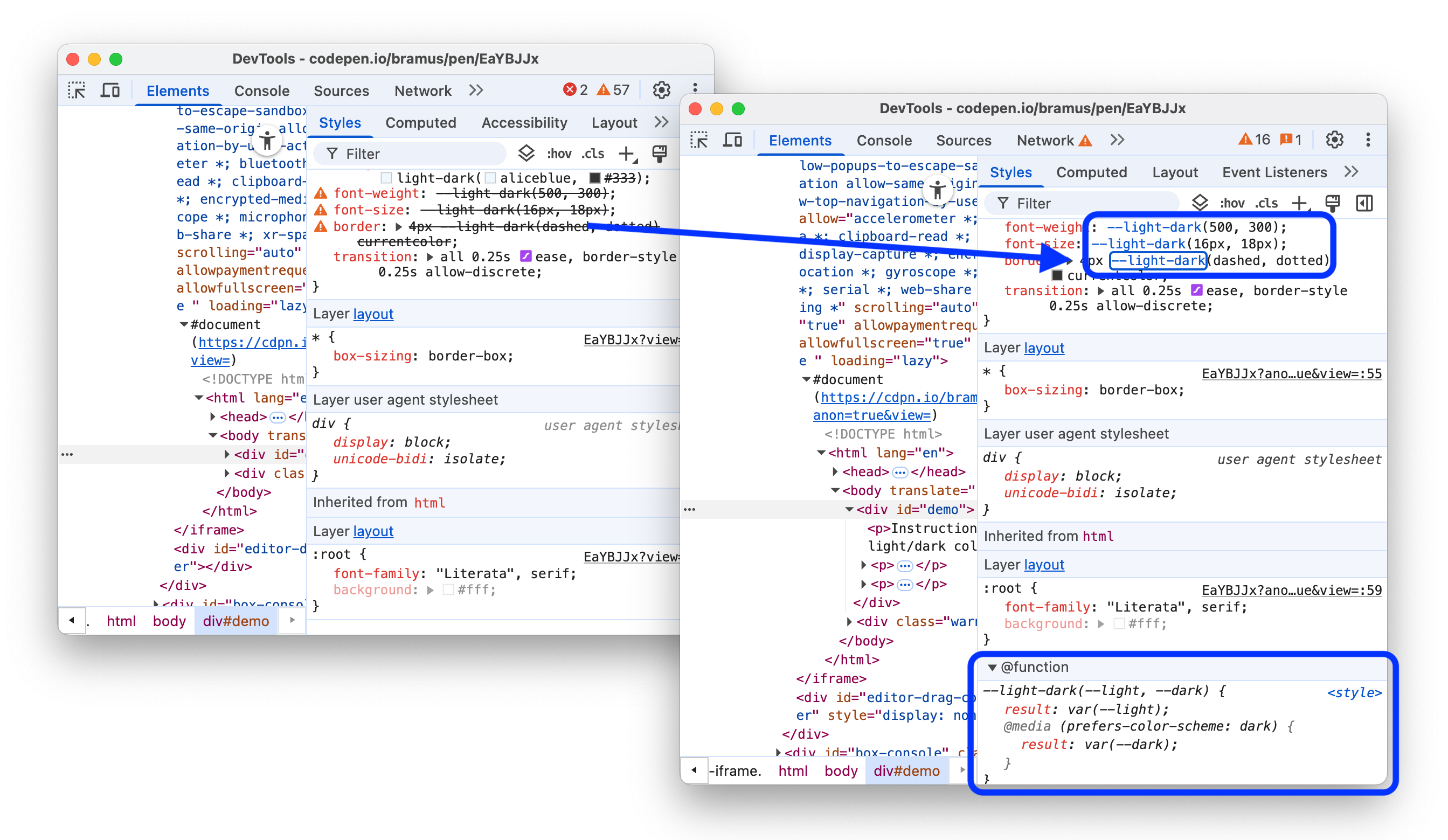 カスタム関数名を対応するセクションにリンクする前後の状態。