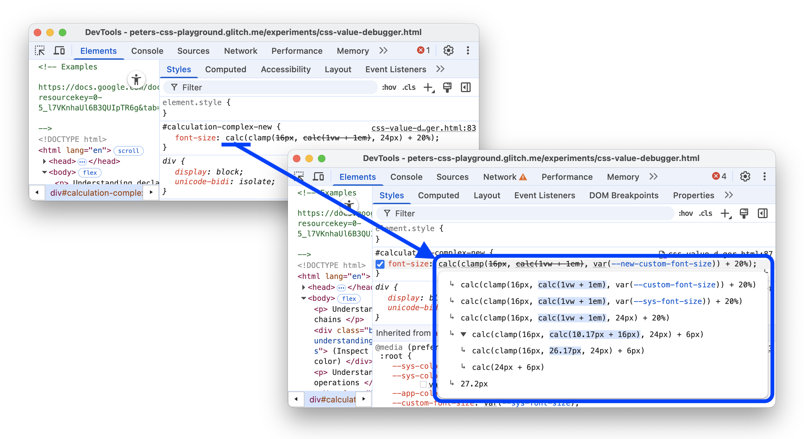 Voor en na het toevoegen van een tooltip met definitieketens en uitbreidbare complexe berekeningen.