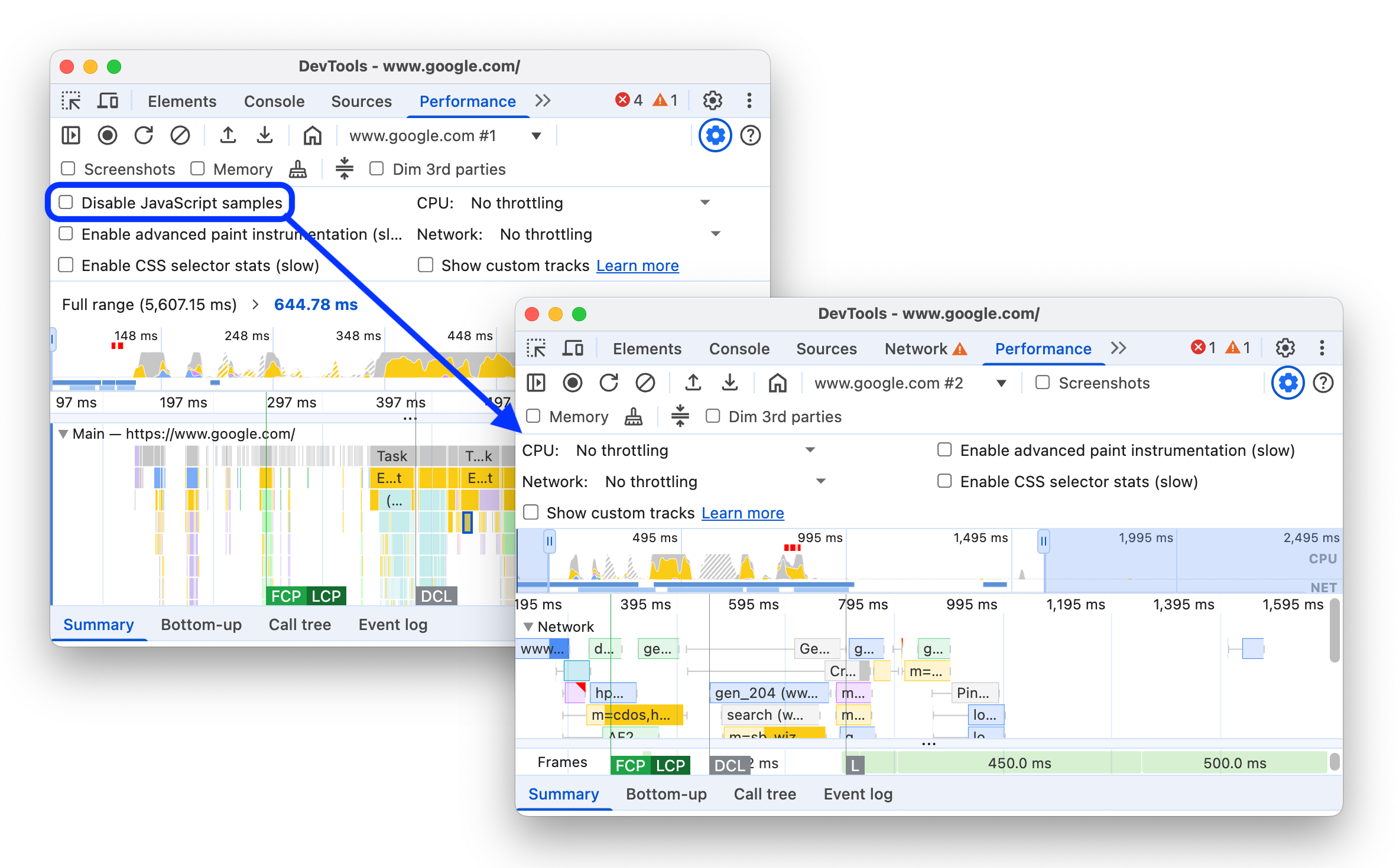 Prima e dopo la rimozione dell'opzione "Disattiva campioni di JavaScript" da "Impostazioni di acquisizione".