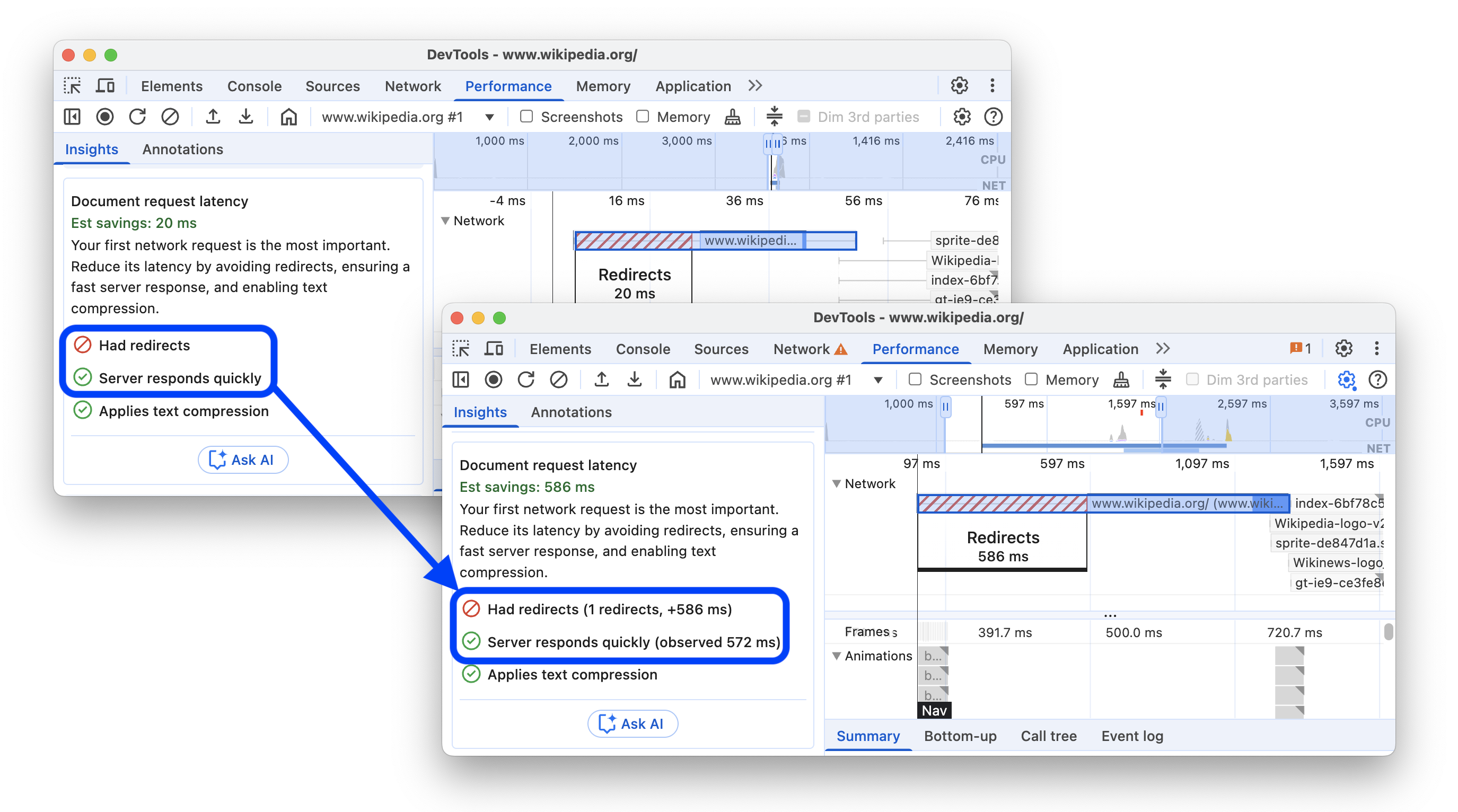 Sebelum dan sesudah menambahkan pengalihan dan waktu respons server ke insight &#39;Latensi permintaan dokumen&#39;.