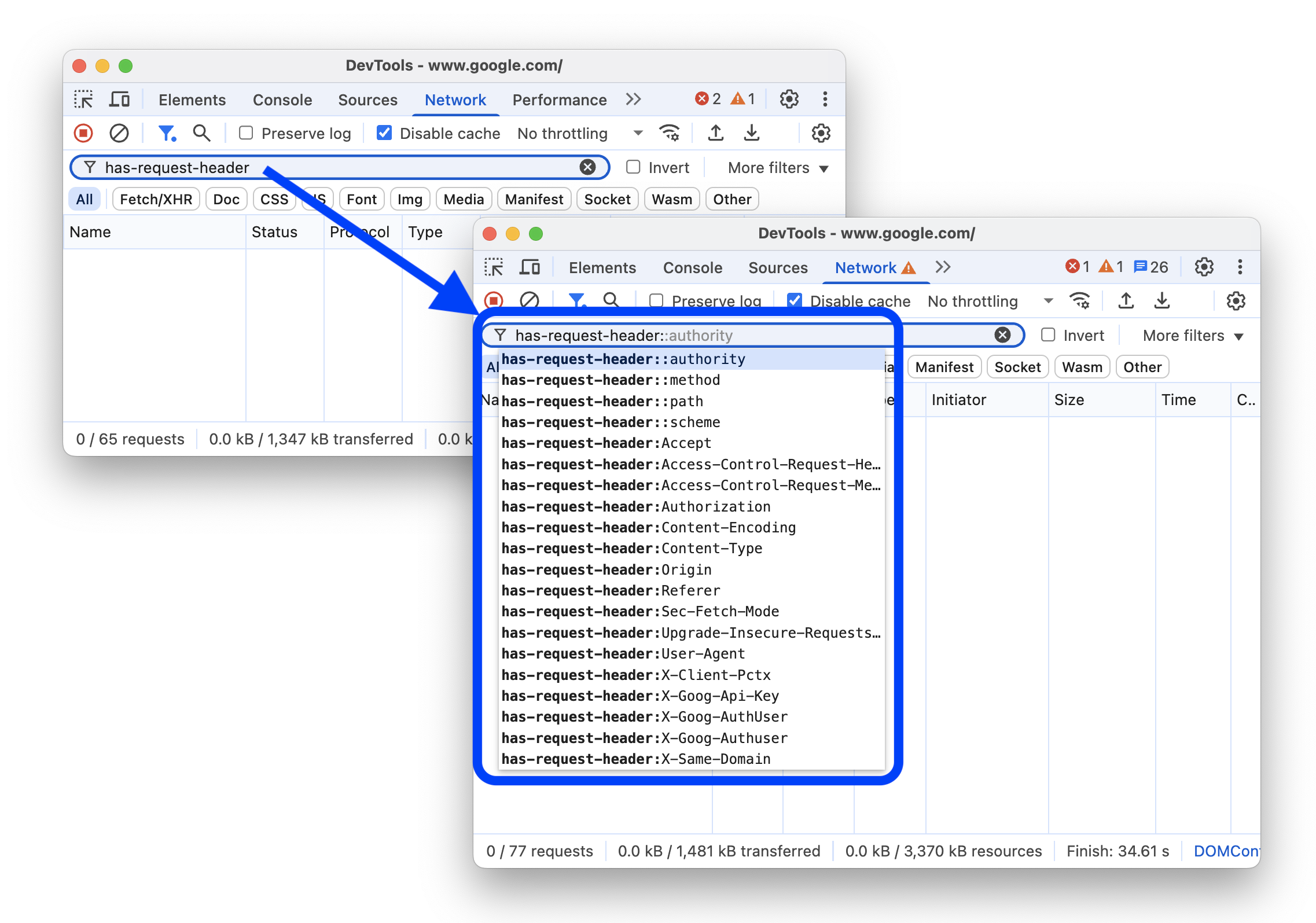 [ネットワーク] パネルに「has-request-header」フィルタを追加する前後の状態。