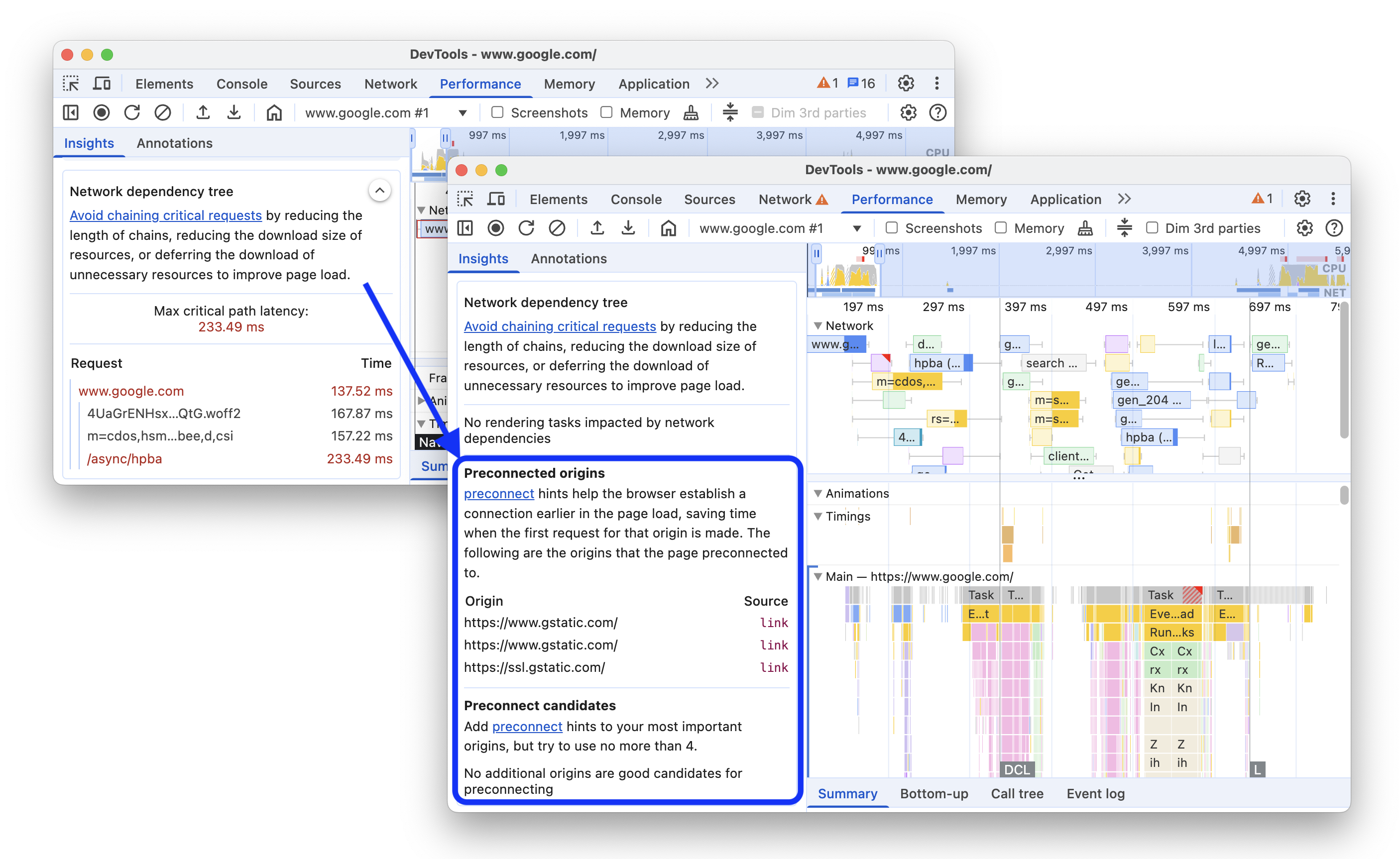 Antes e depois de adicionar origens e candidatos pré-conectados ao insight "Árvore de dependência da rede".