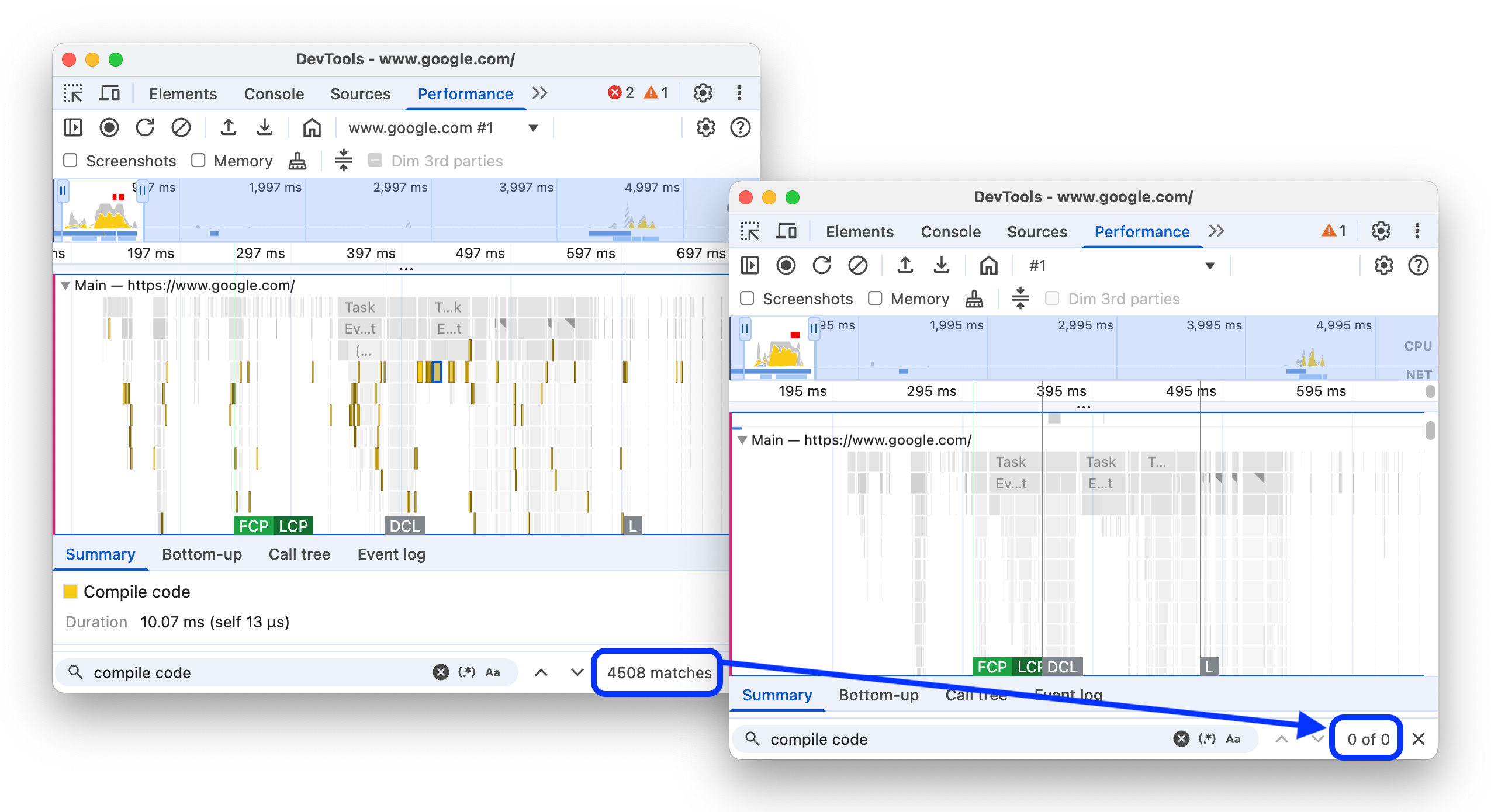 El antes y el después de quitar los eventos de &quot;compilación de código&quot; del registro de rendimiento.