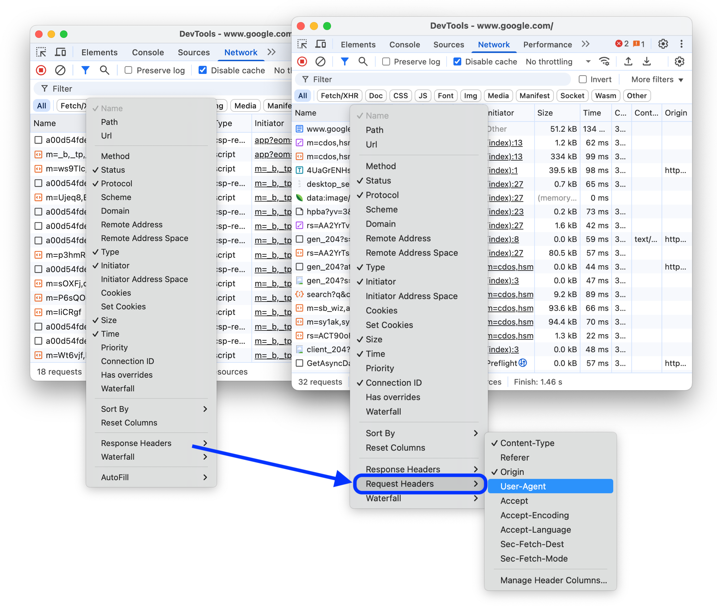 Antes e depois de adicionar a opção &quot;Cabeçalhos de solicitação&quot; ao menu.