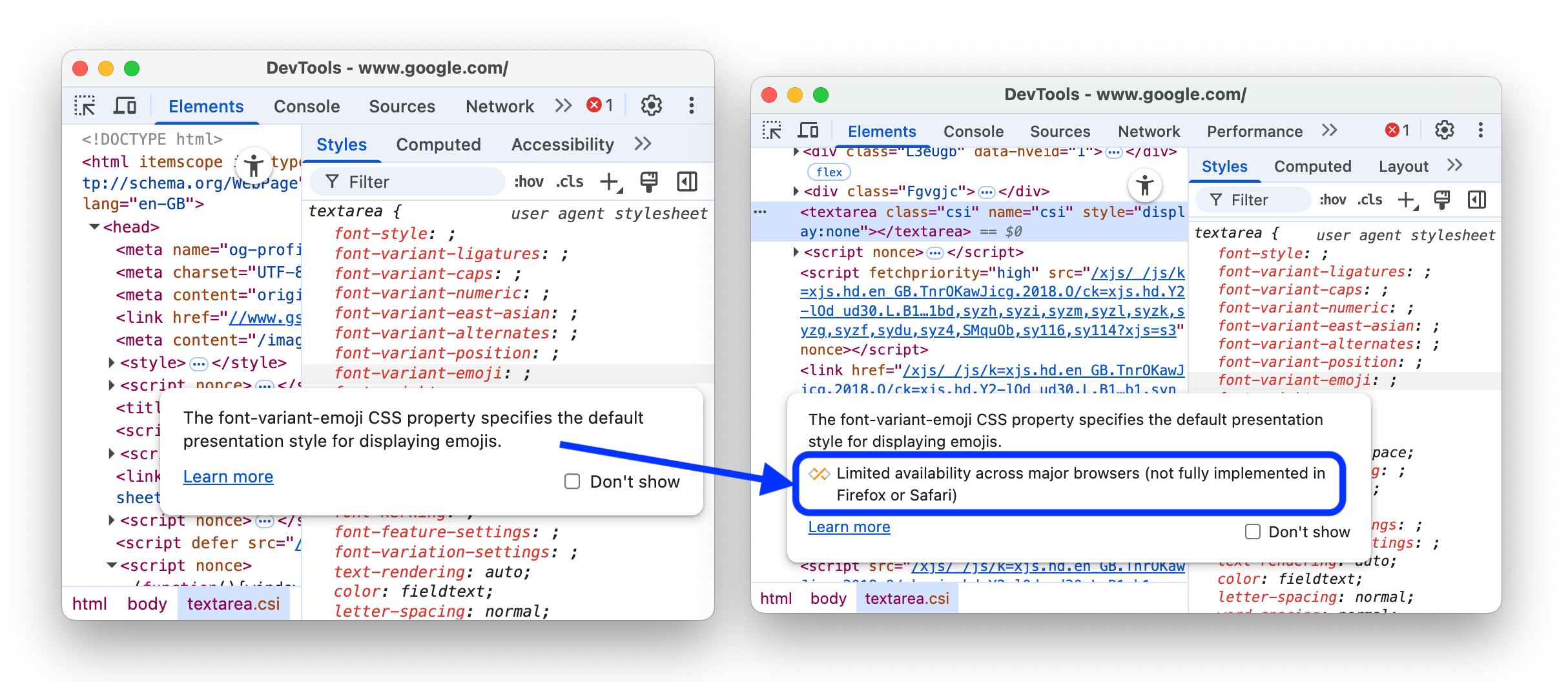 The before and after adding the Baseline status to the CSS property tooltips.