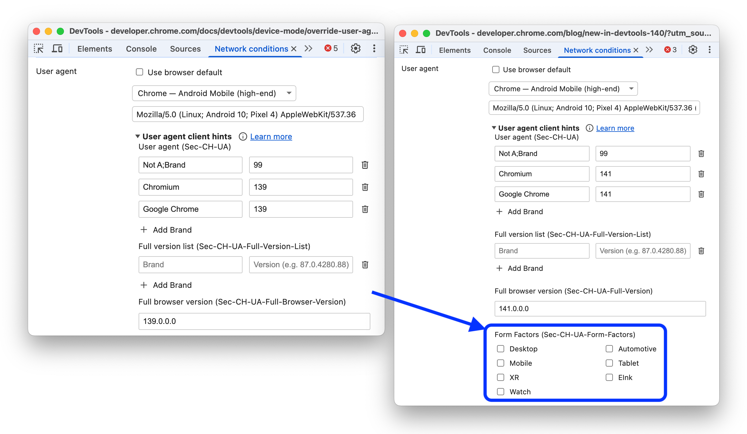 The before and after adding the options for form factor override to user agent client hints.