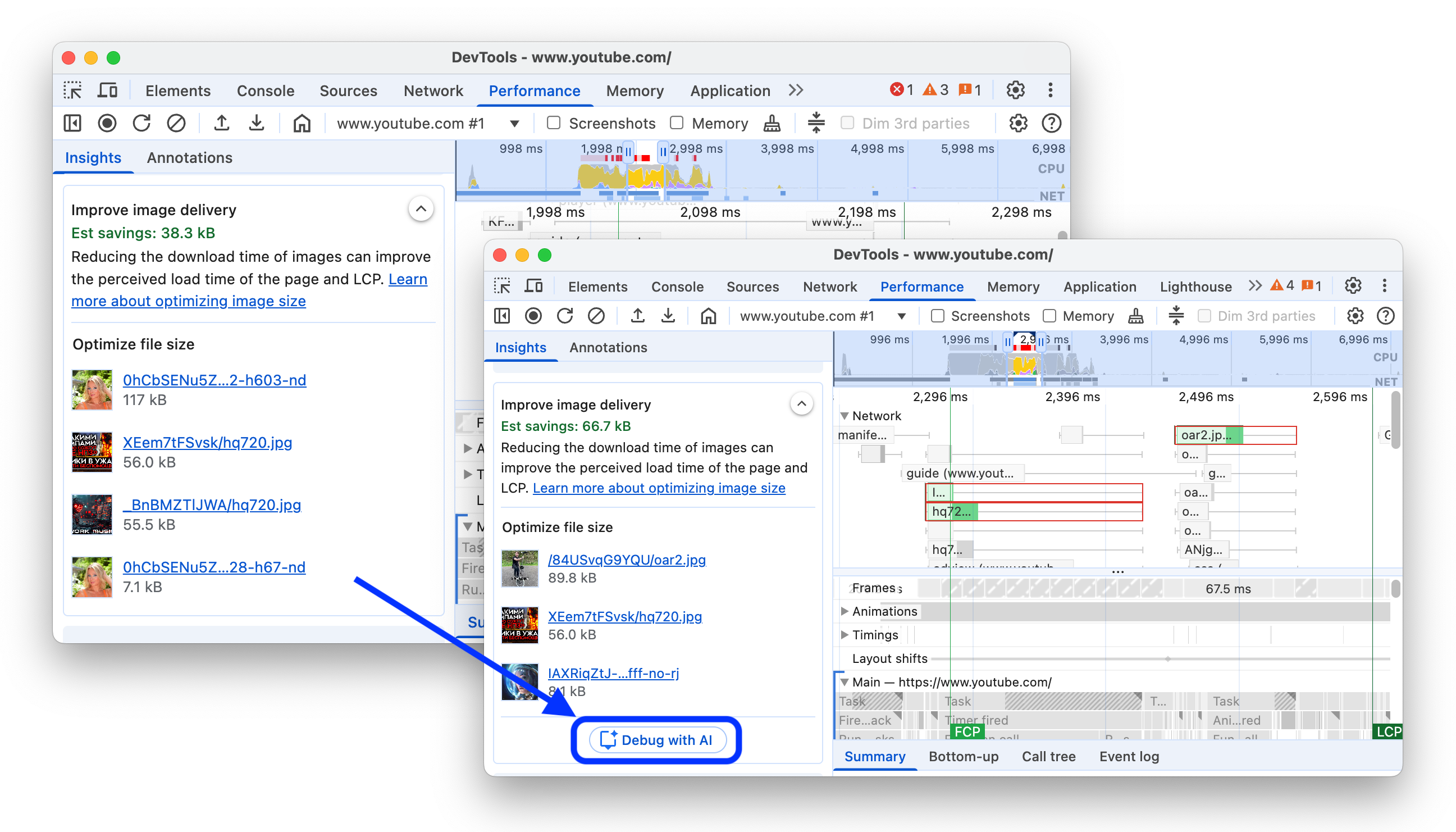 在更多成效洞察中加入「使用 AI 偵錯」按鈕前後的畫面。