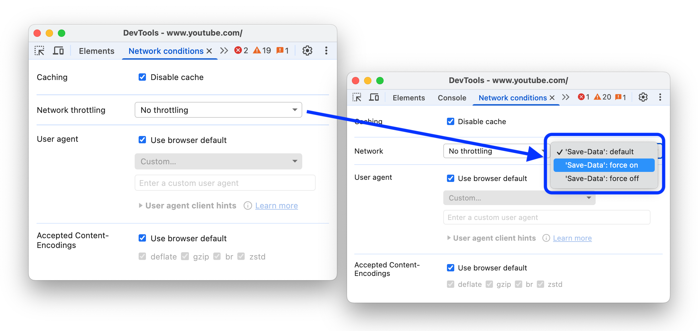 Die Screenshots zeigen die Einstellungen vor und nach dem Hinzufügen der Emulation des Anfrageheaders „Save-Data“ zu „Netzwerkbedingungen“.