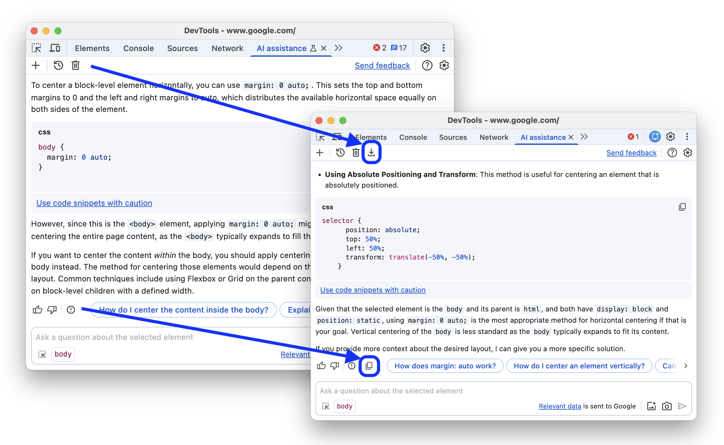 Vor und nach dem Hinzufügen der Schaltflächen „Exportieren“ und „Kopieren“ zur KI-Unterstützung.