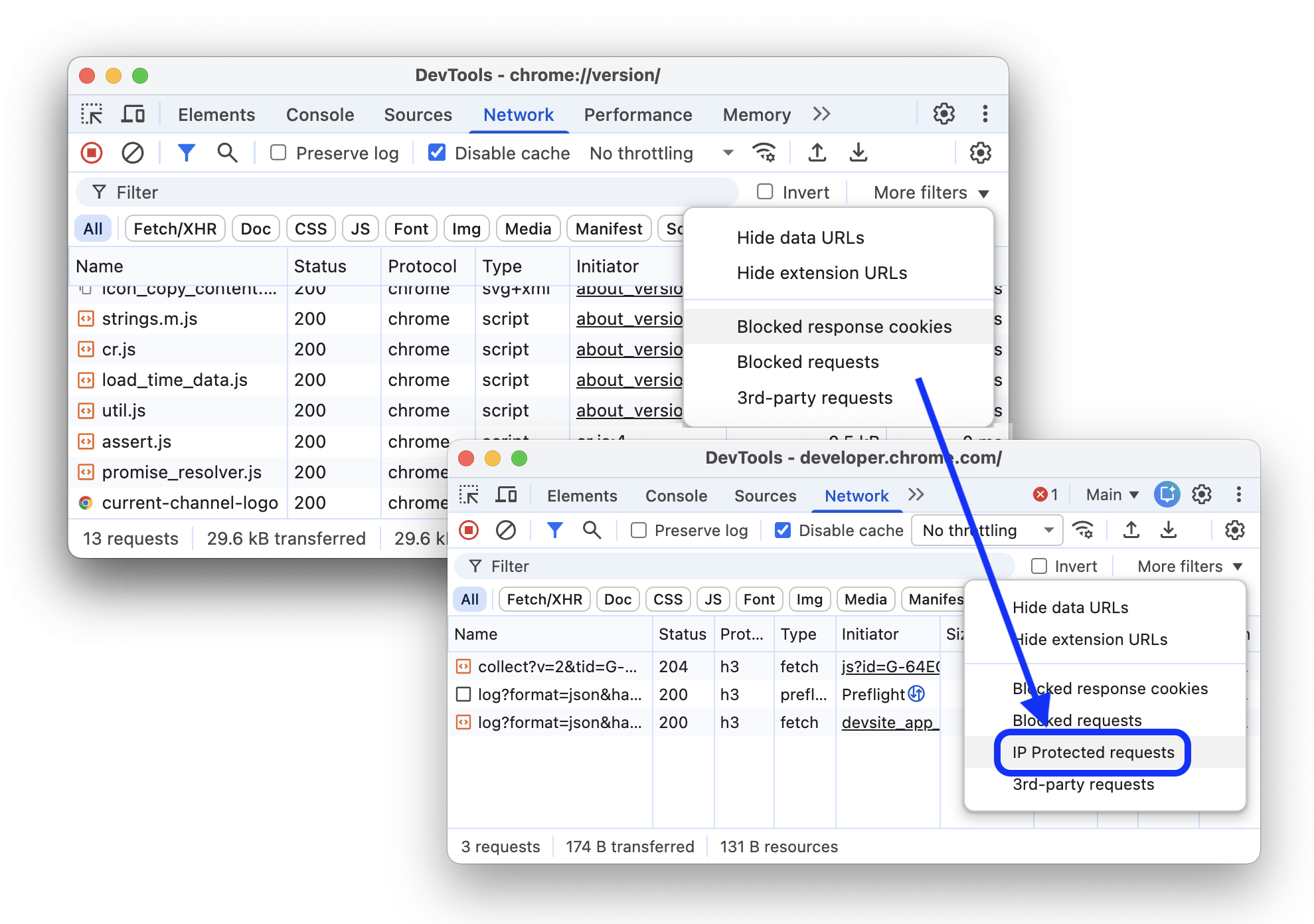 The before and after adding the 'IP Protected requests' filter to the Network panel.