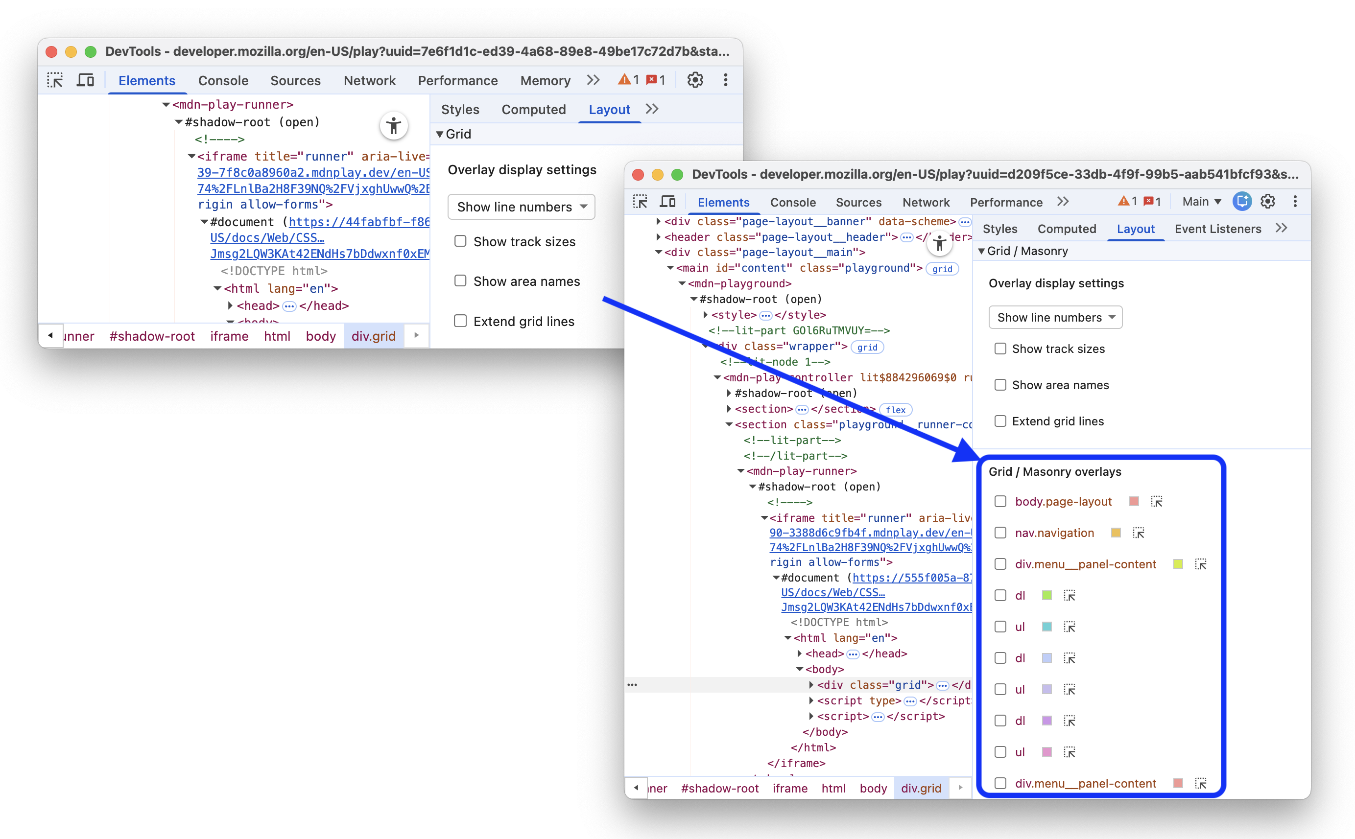 The before and after adding the masonry layout support to Elements - Layout.