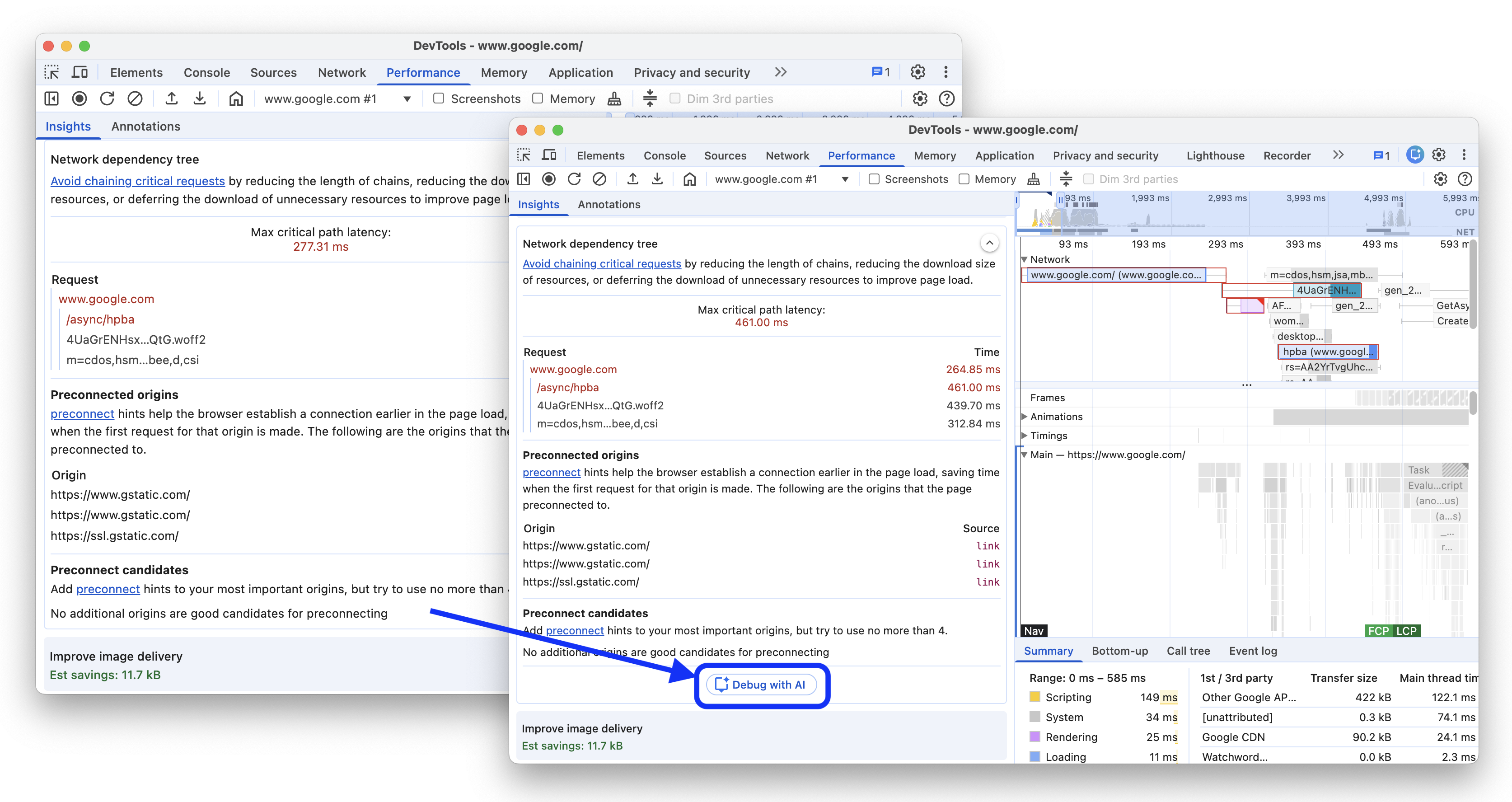 Antes e depois de adicionar o botão &quot;Depurar com IA&quot; ao insight &quot;Árvore de dependência de rede&quot;.