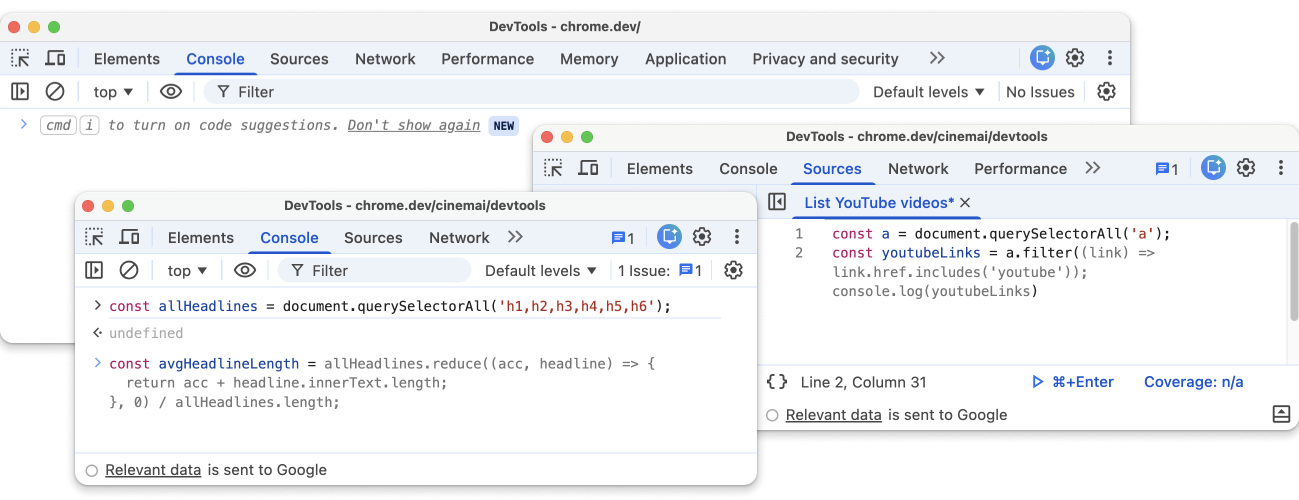 ميزة اقتراح الرموز البرمجية في لوحتَي "وحدة التحكّم" و"المصادر"