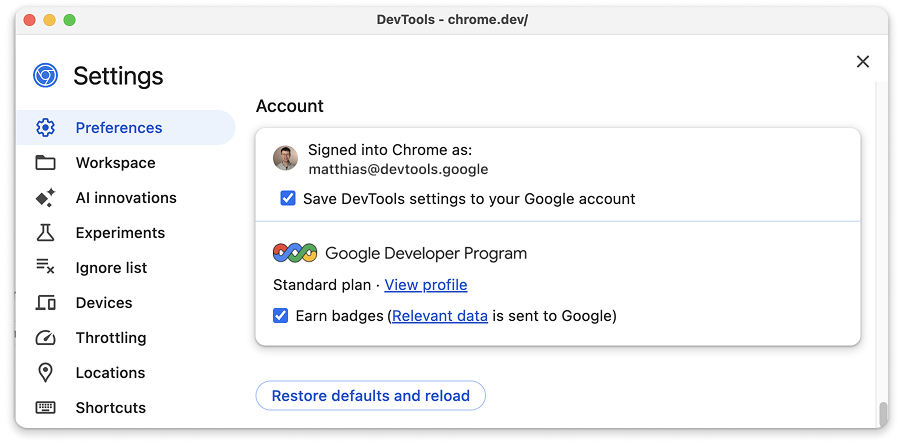 DevTools 설정의 Google 개발자 프로필 관리