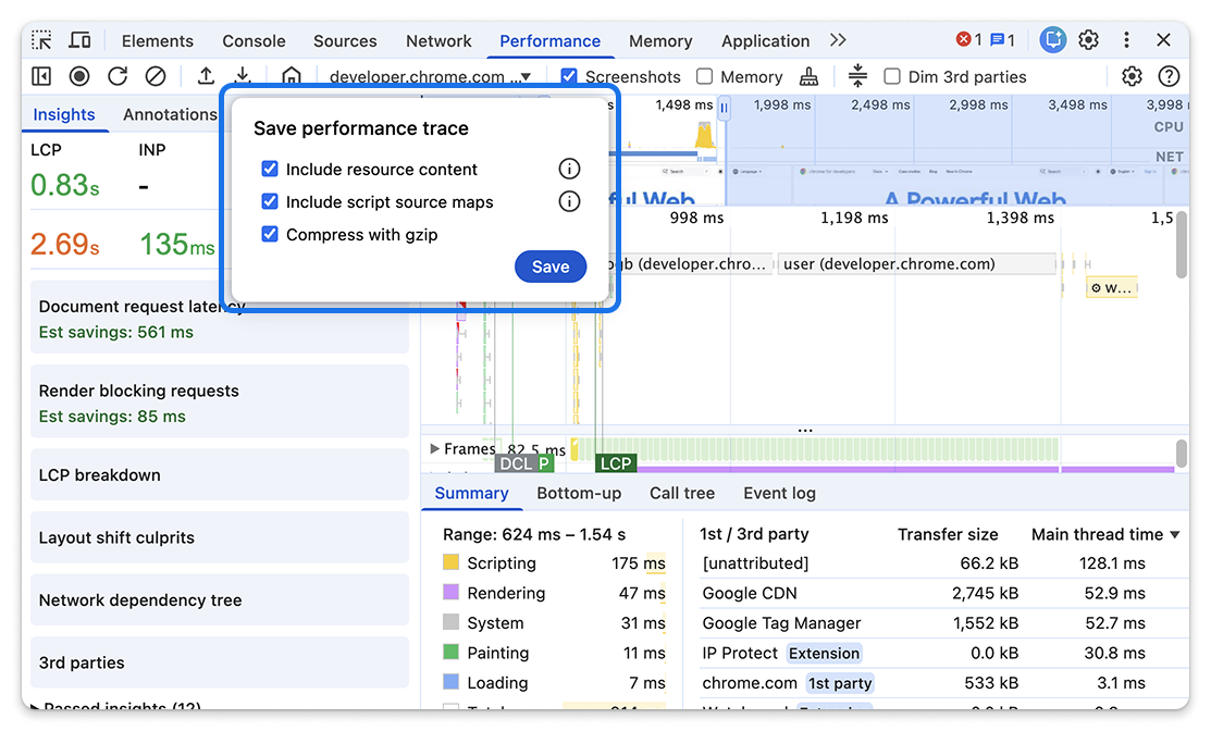 The trace sharing dialog in the Performance panel