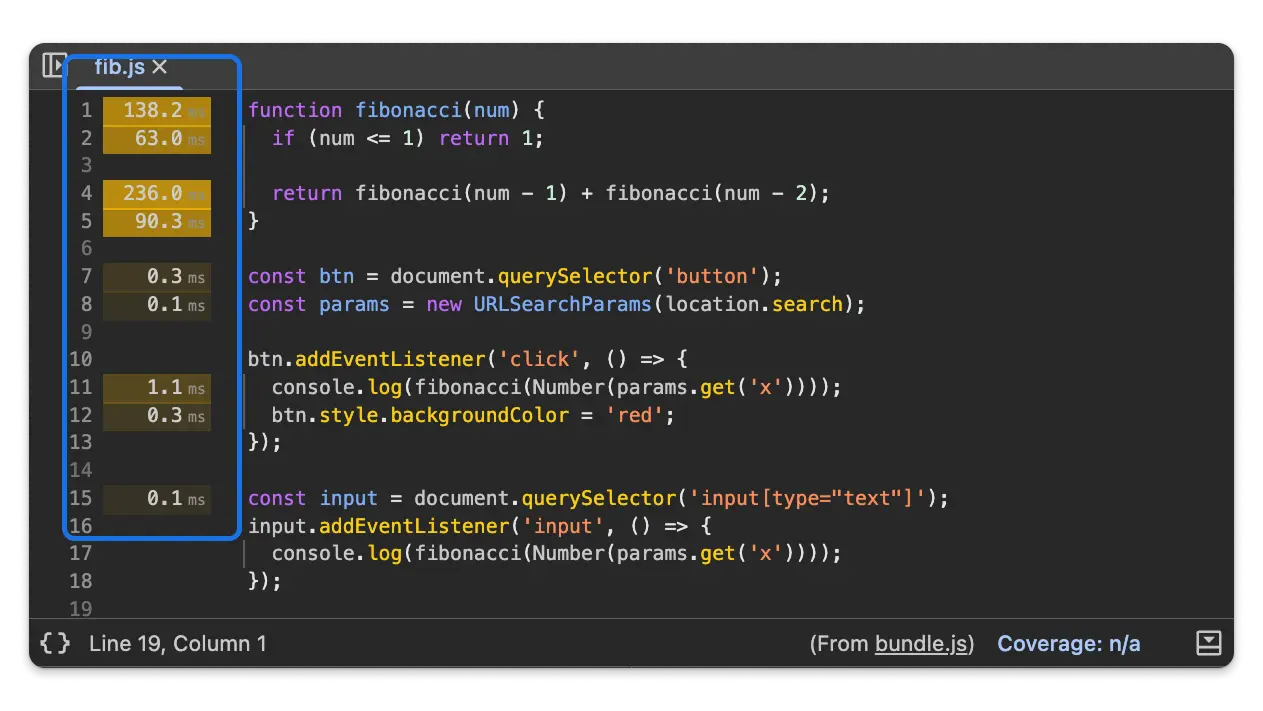 Execution timings next to line numbers in the Sources panel.