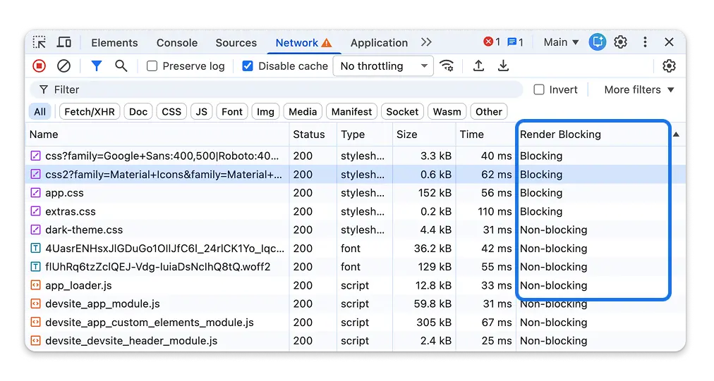 The new Render blocking column in the network panel.