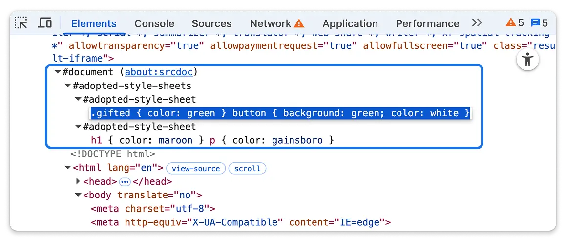 Adopted stylesheets in the Elements panel with inline editing.