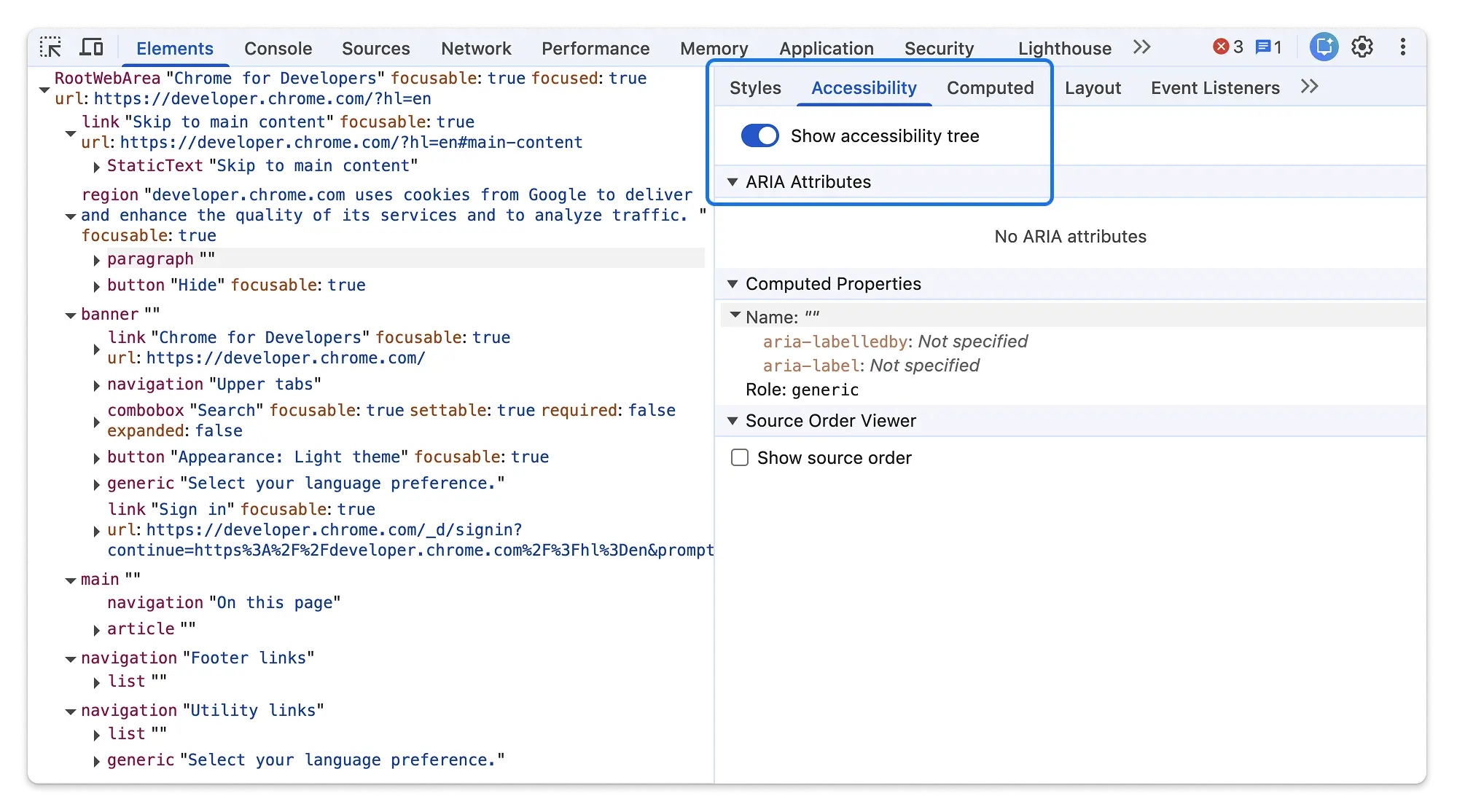 The Elements panel with the new accessibility toggle in the sidebar.