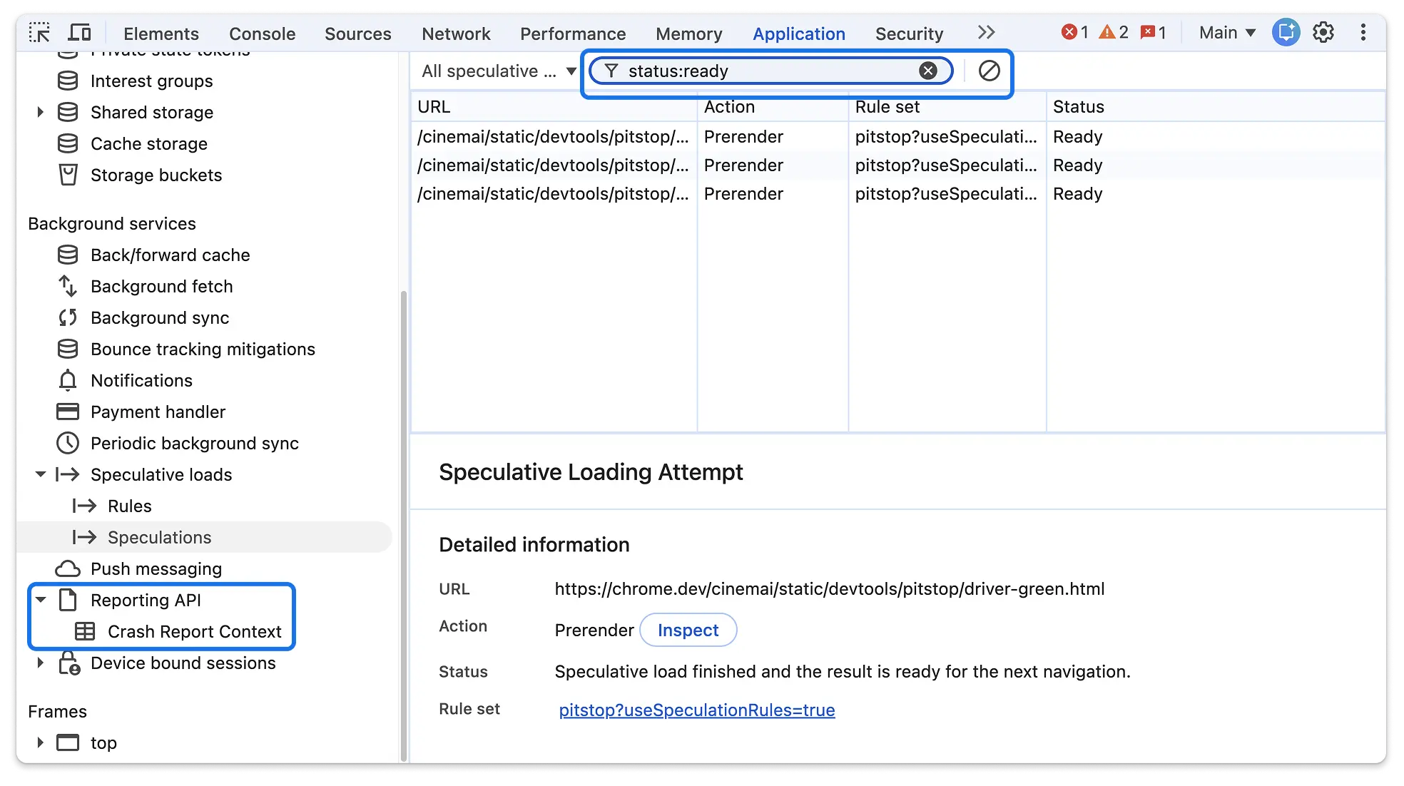 The Application panel, with the new Speculation rules filter bar and the Crash report context highlighted.