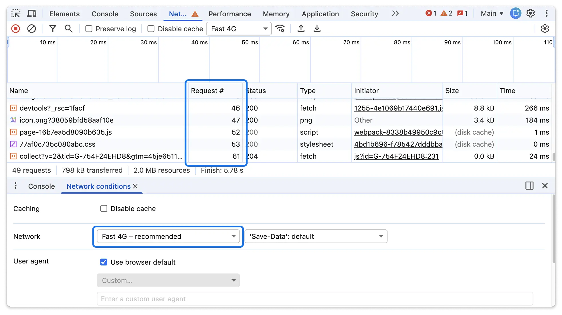 The Network and Network conditions panel, with the new Request # column and the recommended throttling highlighted.