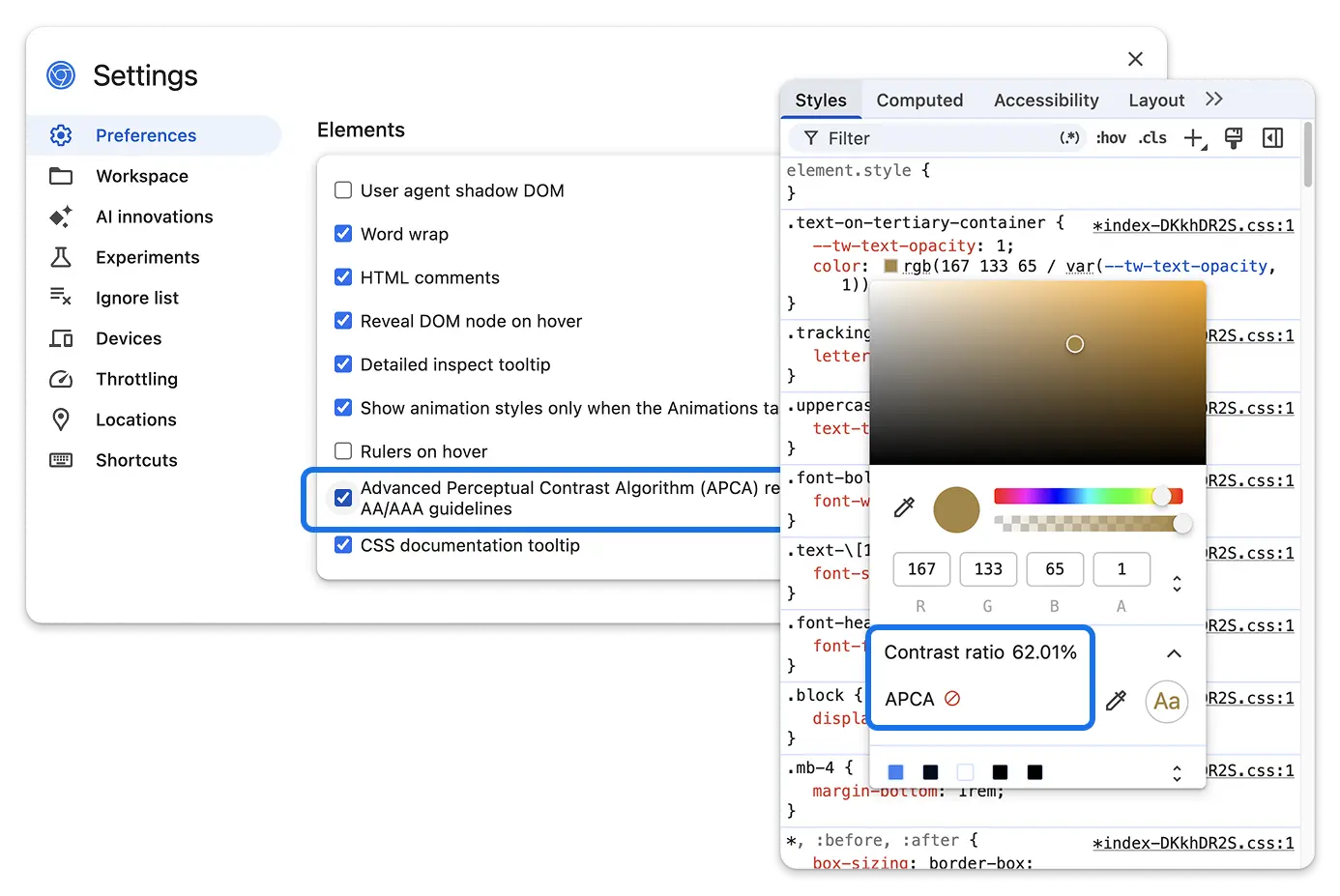 The APCA algorithm toggle in the DevTools settings and the new algorithm in effect in the Styles tab.