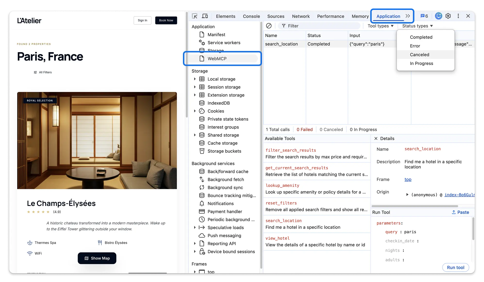 The new WebMCP debugging tools in the DevTools Application panel.