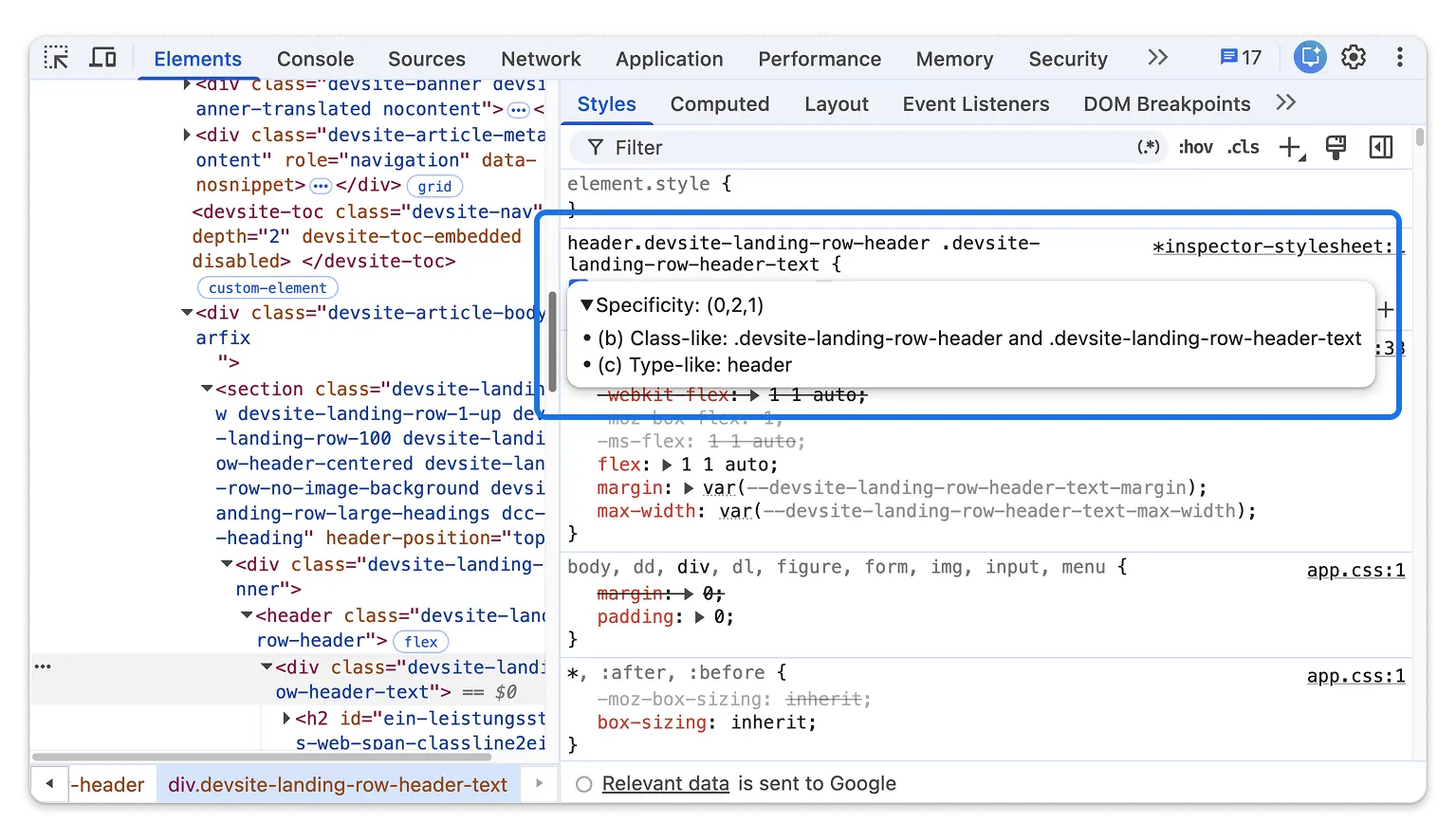The new CSS specificity breakdown tooltip in the Styles tab.