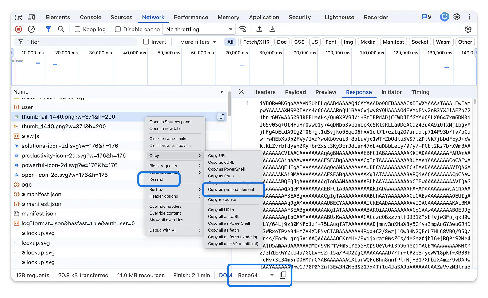 Het netwerkpaneel toont de nieuwe contextmenuoptie 'Opnieuw verzenden' bij een fetch-verzoek, de optie 'Kopiëren als vooraf geladen element' en de schakelaar voor binaire decodering in het tabblad 'Payload'.