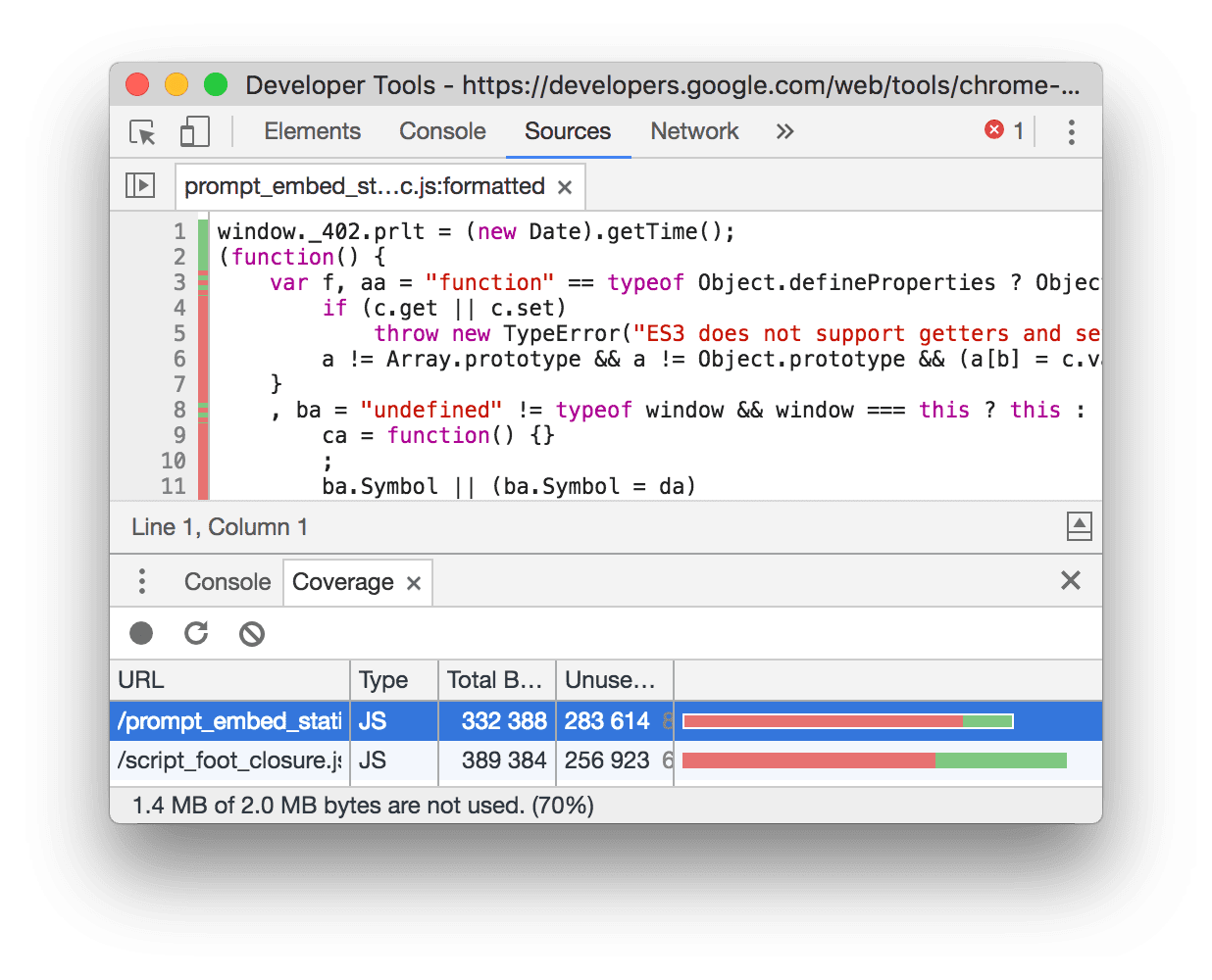 Répartition de la couverture de code dans le panneau &quot;Sources&quot;