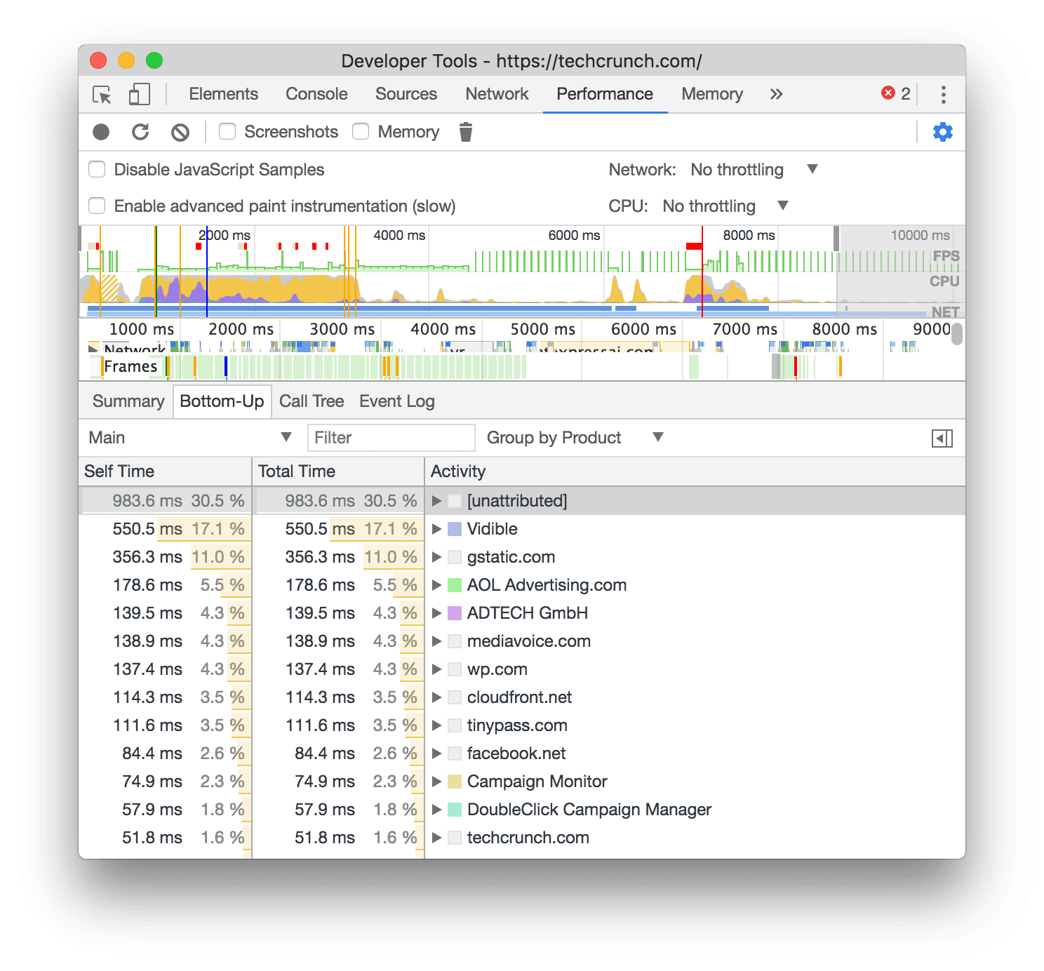 Grouping by product in the Bottom-Up tab