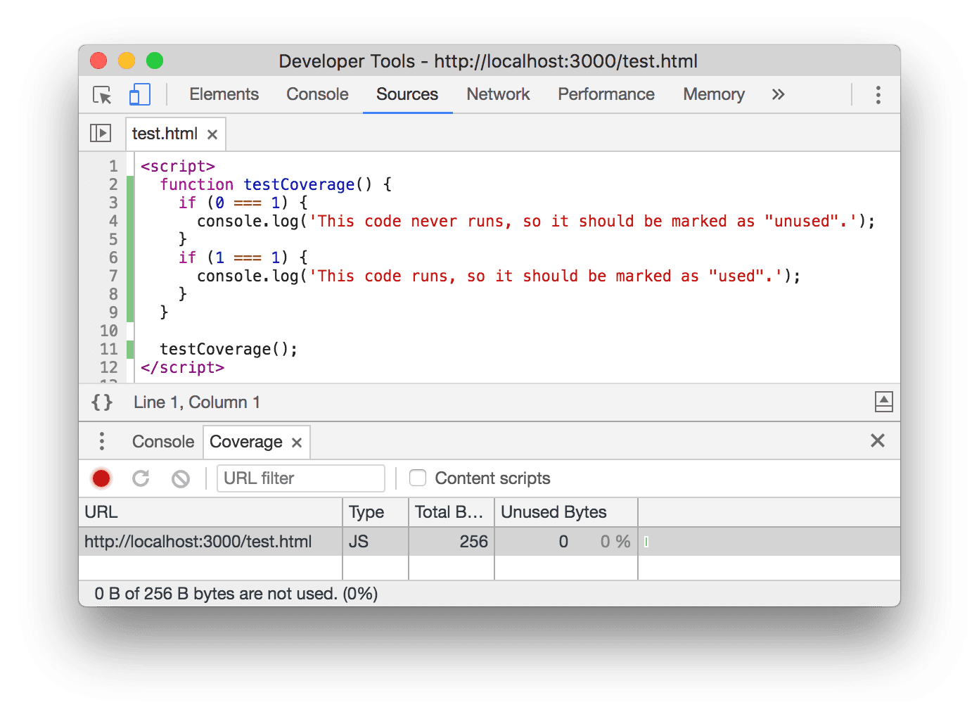 Exemplo da guia "Cobertura" no Chrome 61