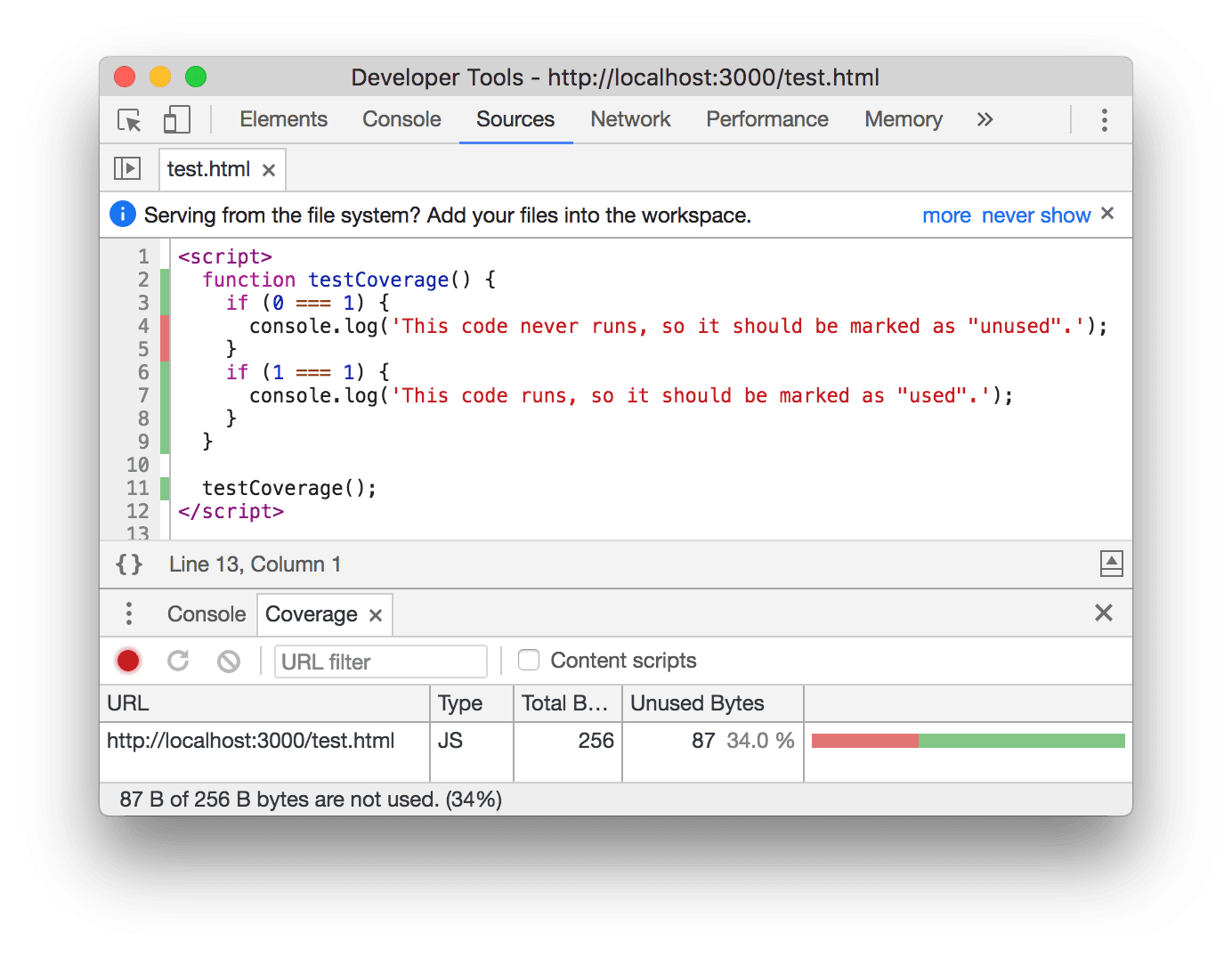 مثال على علامة التبويب "التغطية" في Chrome 62