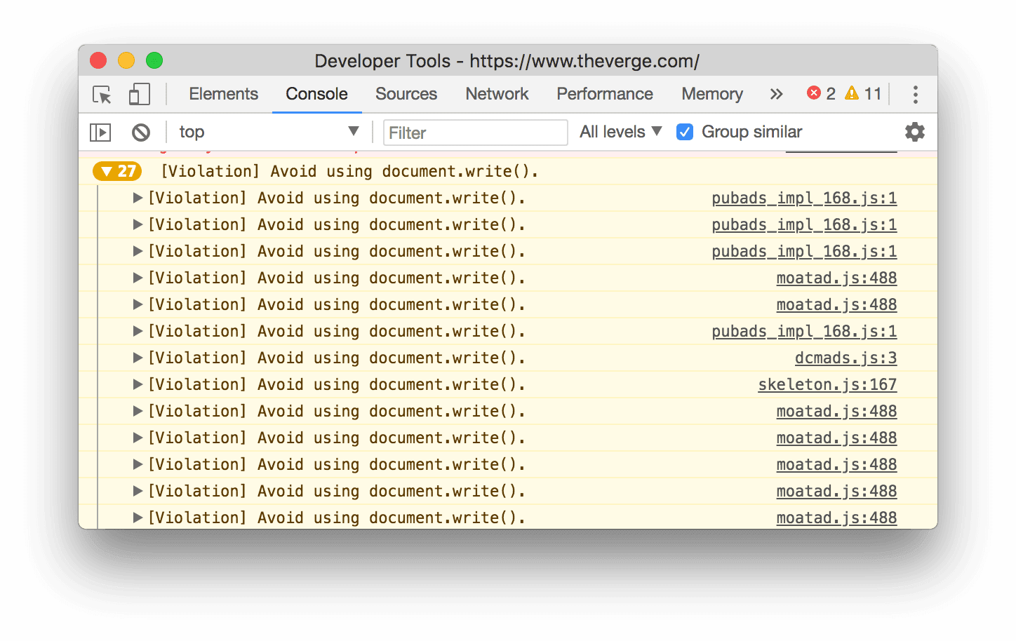 ตัวอย่างกลุ่มข้อความ Console แบบขยาย