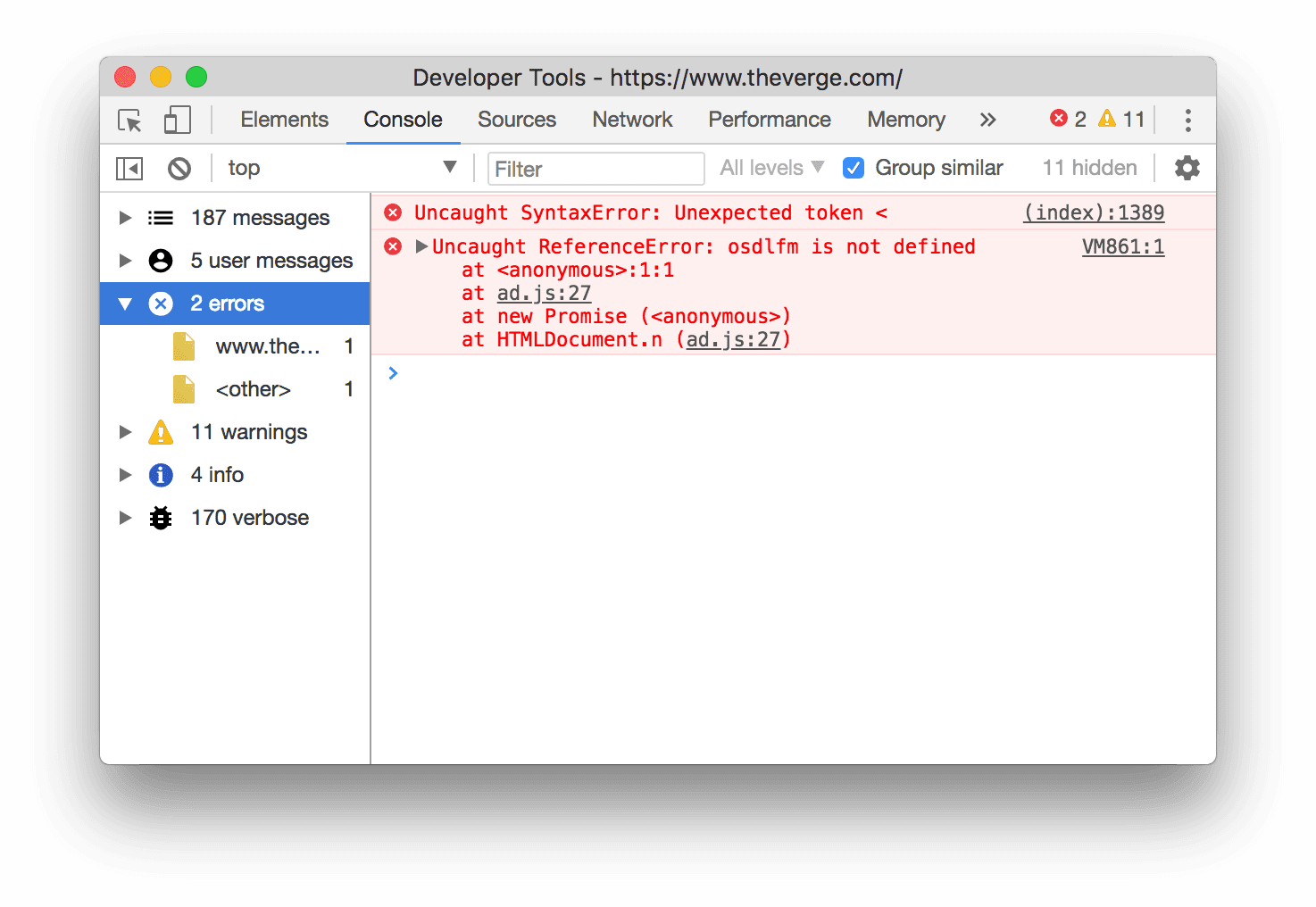 Utiliser la barre latérale de la console pour n'afficher que les messages d'erreur