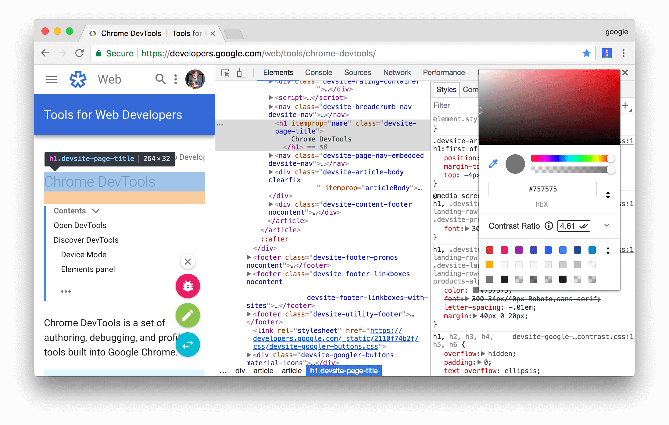 檢查醒目顯示的 H1 元素的對比度。