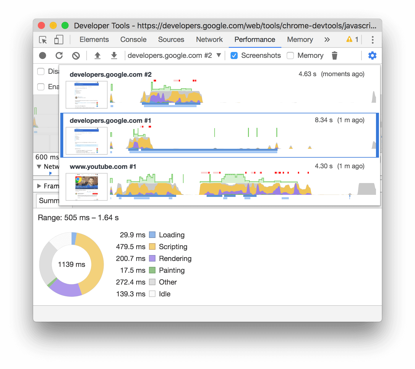 Selecting between multiple recordings in the Performance panel.