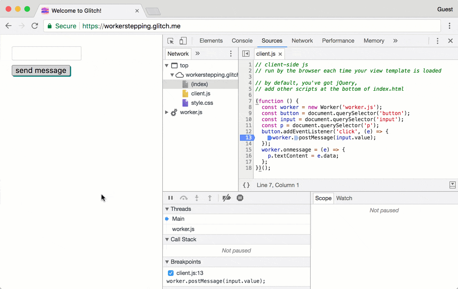 Stepping into message-passing code in Chrome 63.