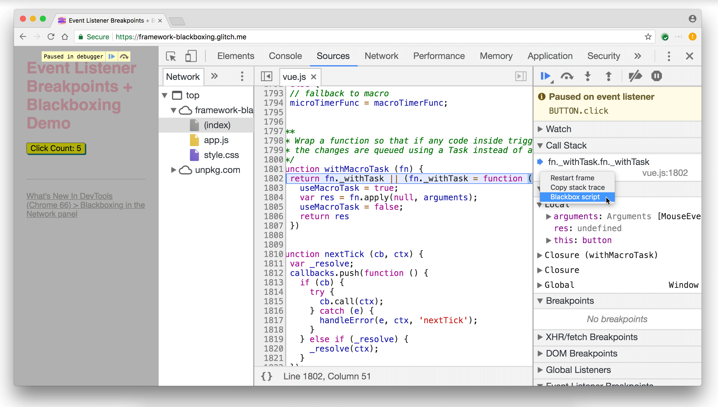 Ignorowanie skryptu Vue.js w panelu stosu wywołań.