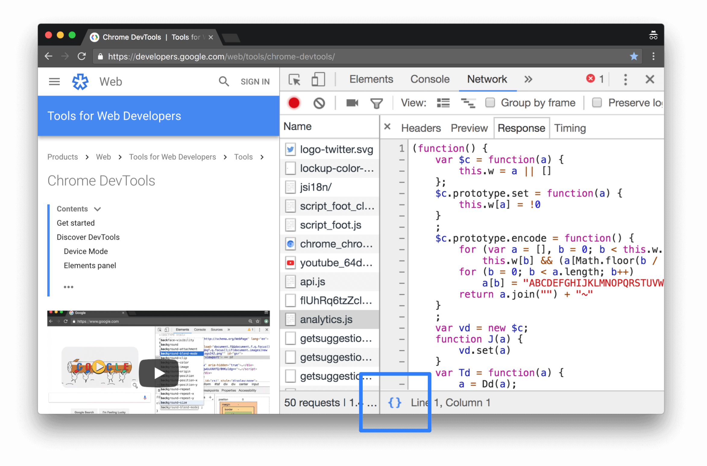 Sie können den Inhalt von analytics.js manuell über die Schaltfläche „Formatieren“ in einer lesbaren Form anzeigen lassen.